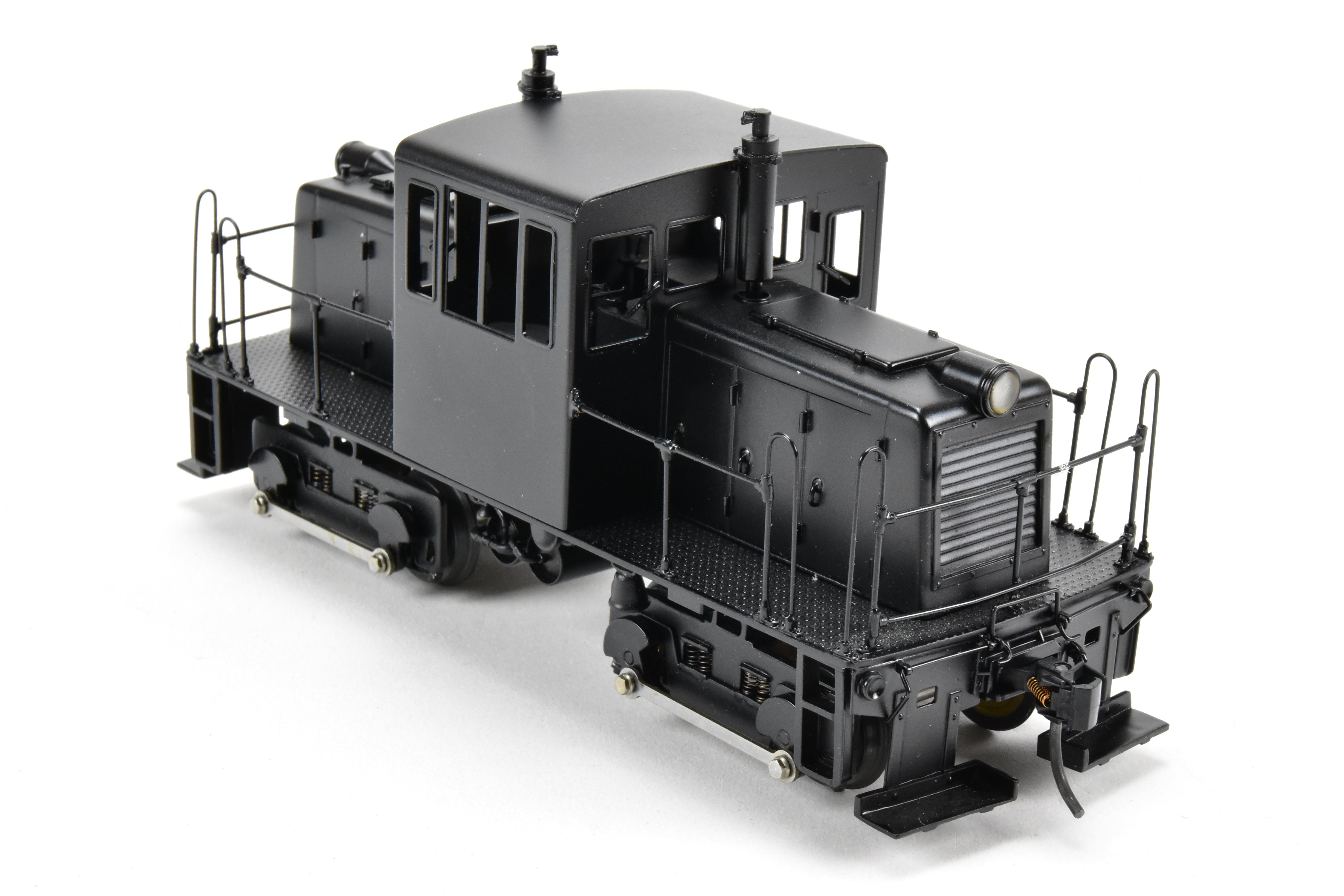 O Scale 1:48th Brass RYM - Rich Yoder Models 45 Ton Side-Rod Diesel FP in Glossy Black, Unlettered, Ideal for Shortline/Industrial Switching
