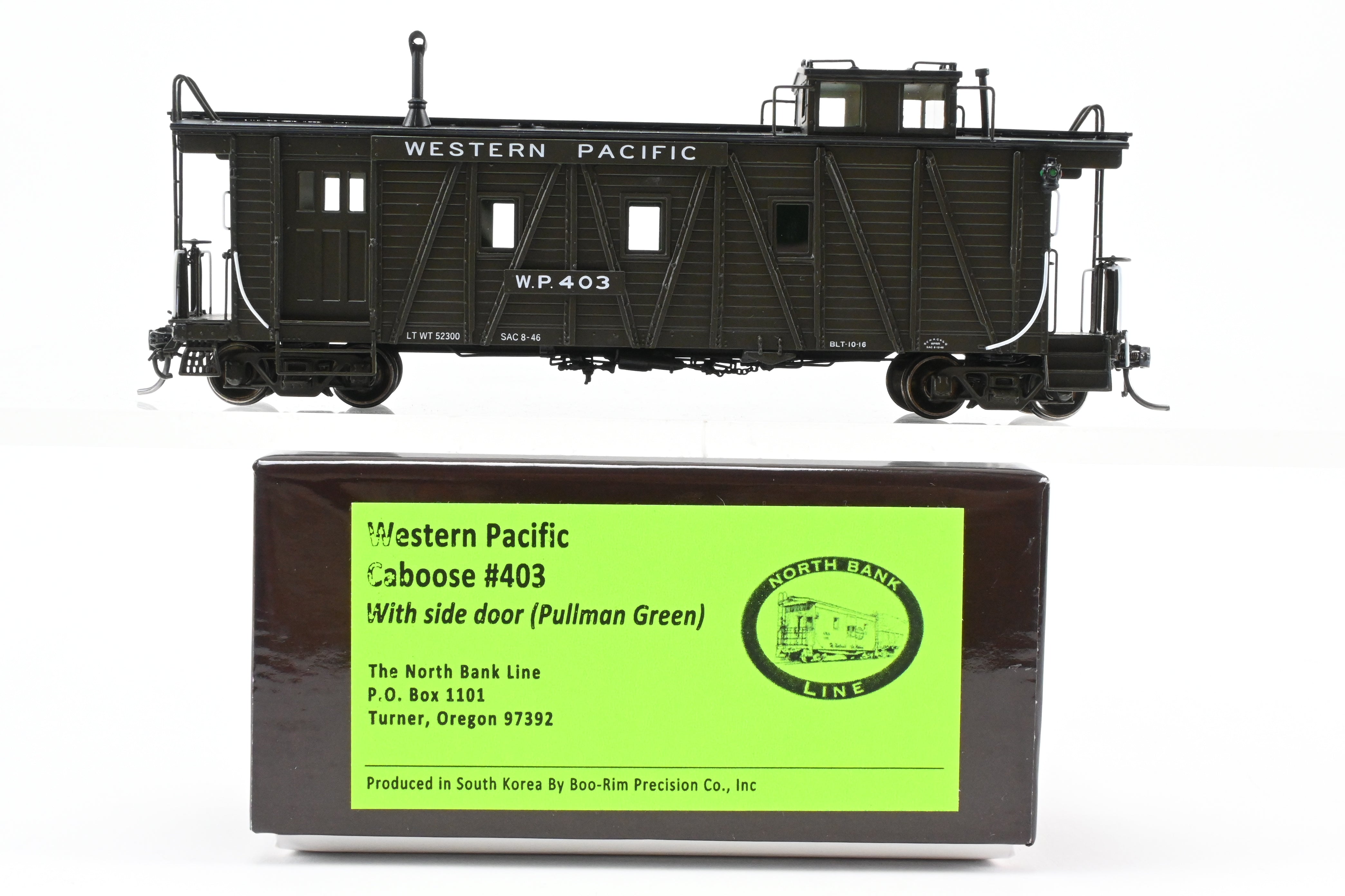 HO NEW Brass North Bank Line WP Western Pacific #403 Pullman Green Caboose with Side Door