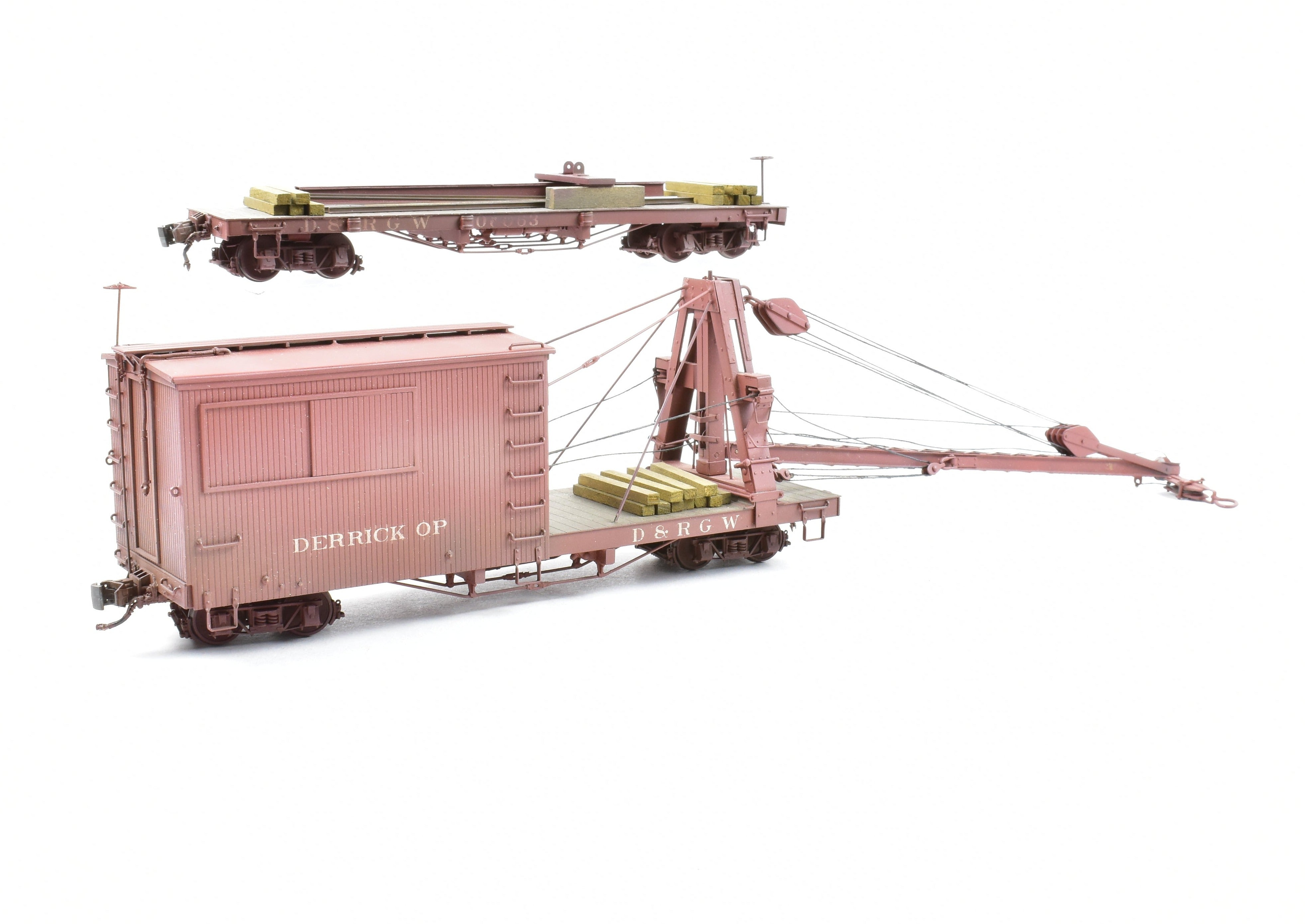 Custom Painted On3 Brass Model of D&RGW - Denver & Rio Grande Western Derrick OP with Idler Car by Westside Model Co.