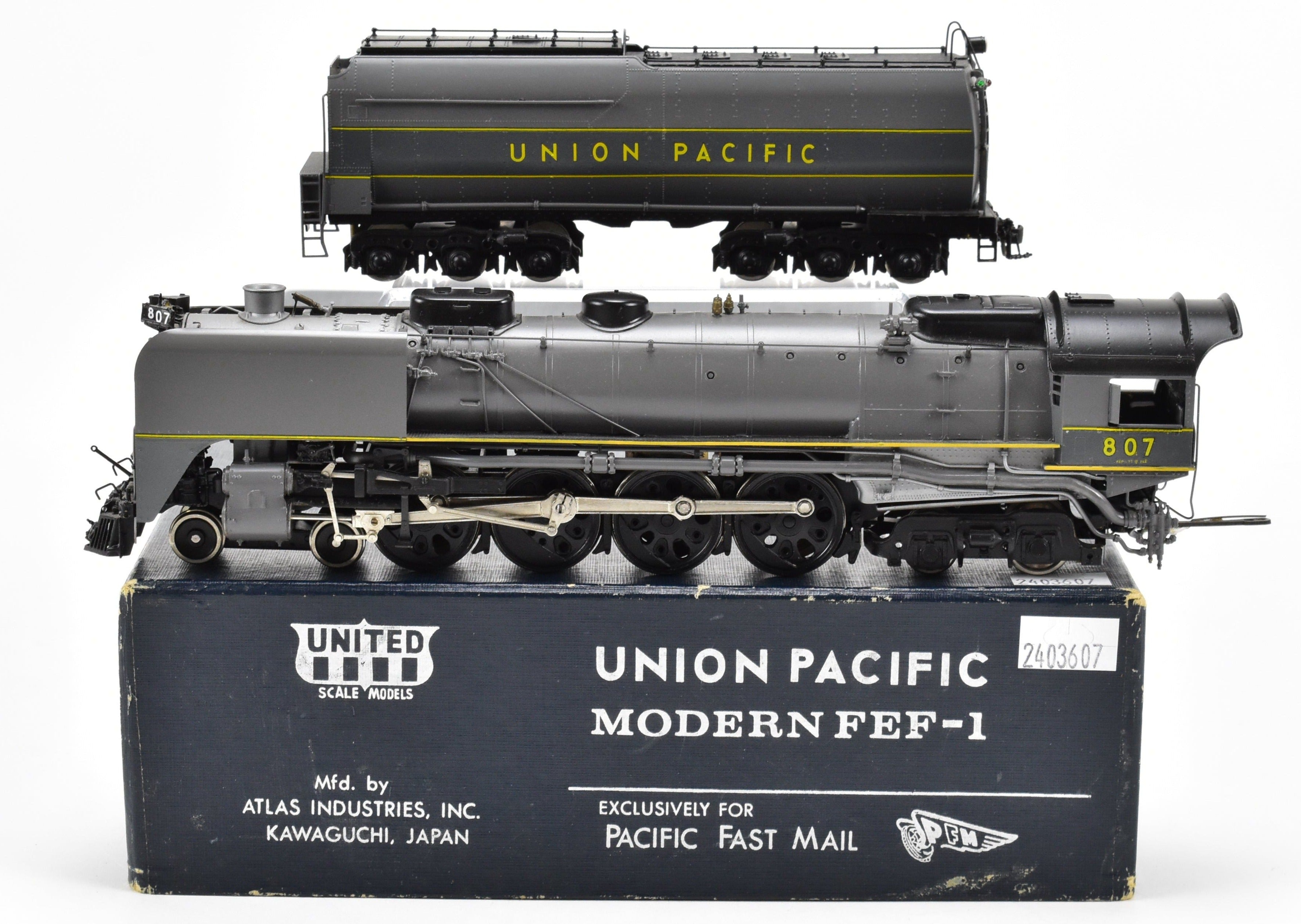 HO Scale Brass PFM - United Model Train - Union Pacific 4-8-4 Modern FEF-1 with Two-Tone Grey and Yellow Custom Paint, Run Number 807 from 1981