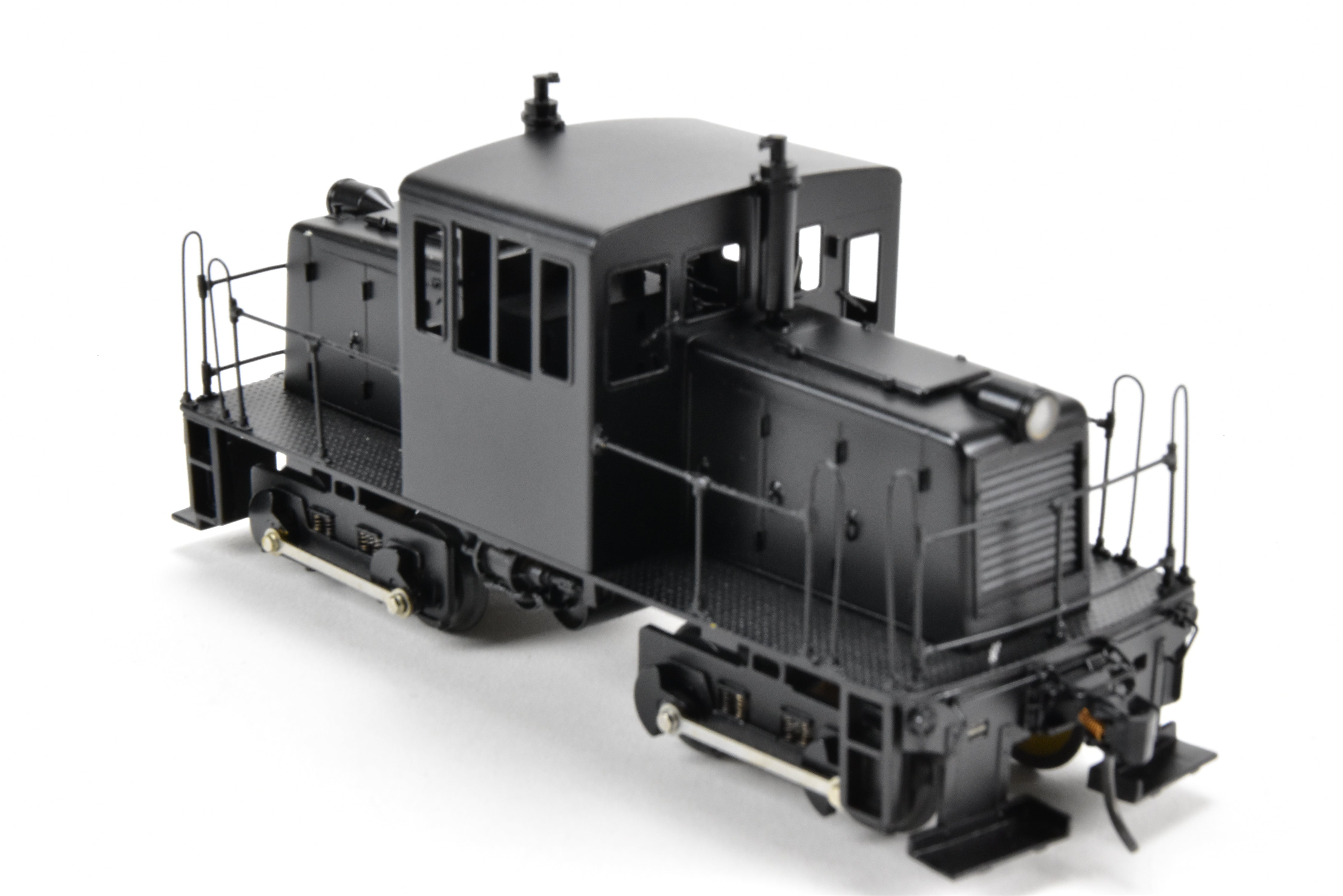 O Scale 1:48th Brass RYM - Rich Yoder Models 45 Ton Side-Rod Diesel FP in Glossy Black, Unlettered, Ideal for Shortline/Industrial Switching