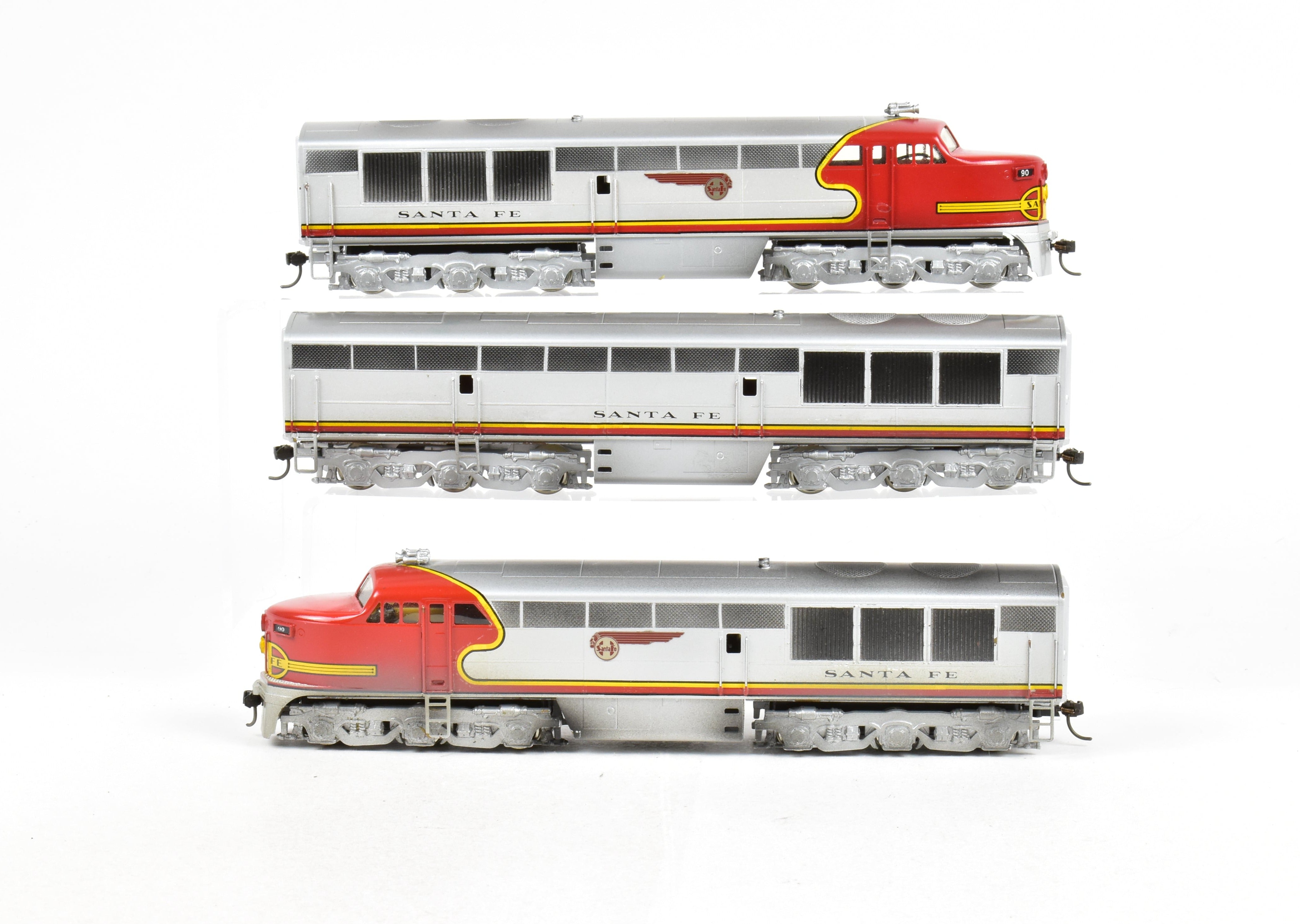HO Scale Brass Red Ball AT&SF - Santa Fe Fairbanks Morse FM Erie Built A-B-A Set Model Trains with Custom Painted Finish and Can Motor Upgrades