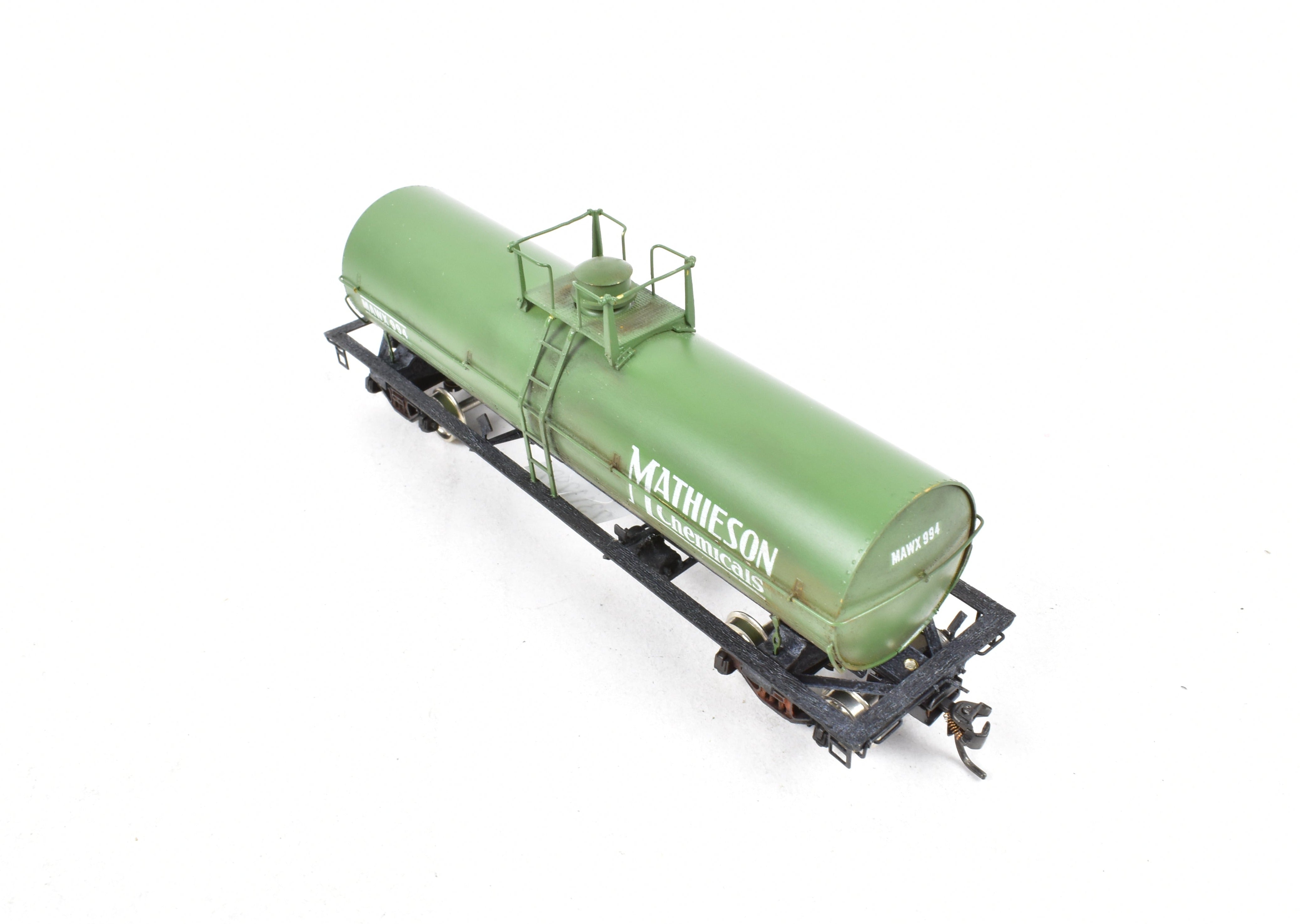 HO Scale Brass Precision Scale Co. 12,000 Gallon Tank Car Model Painted in Green with Mathieson Chemicals Decals