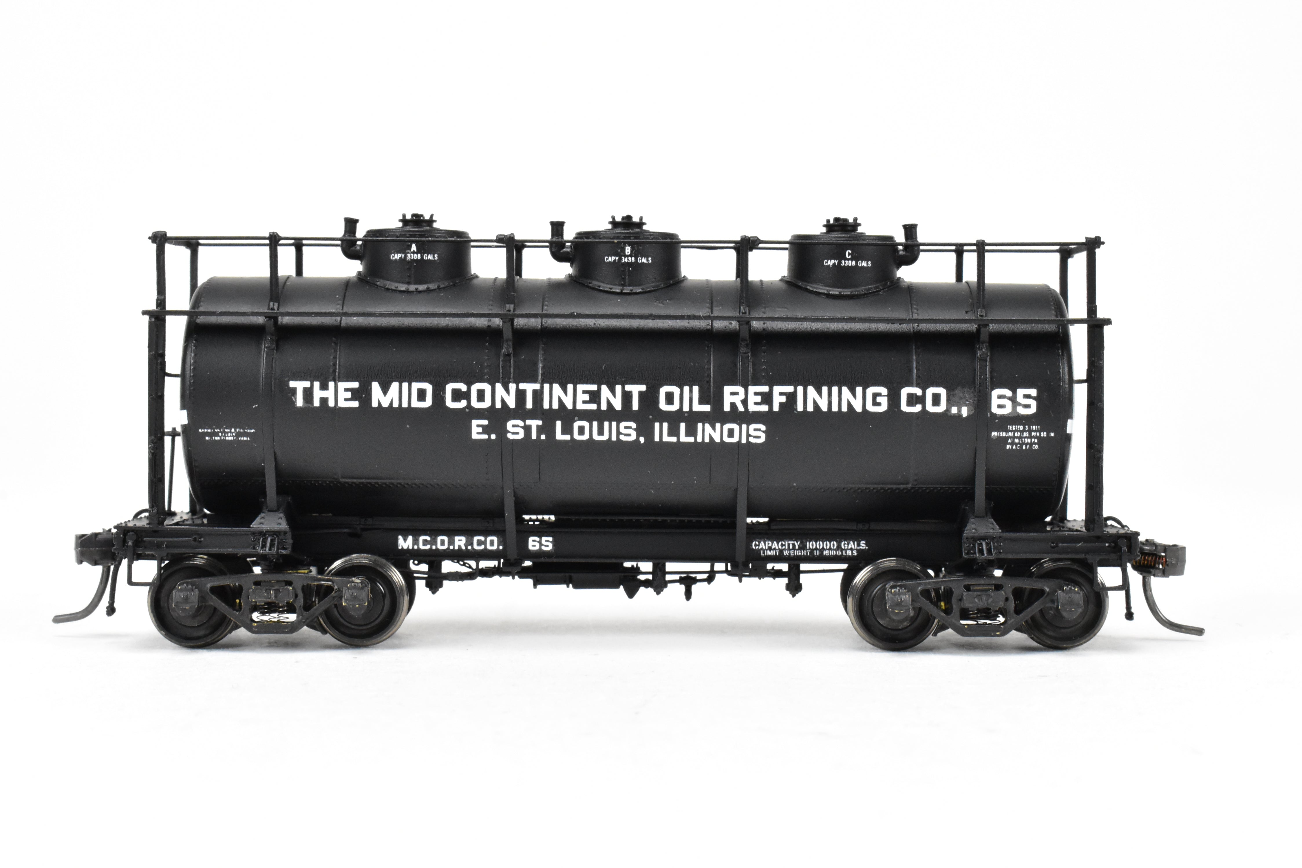 HO Scale Brass Model Train W&R Enterprises Various Roads AC&F 10,000 Gallon 3-Dome Tank Car Featuring High Walkway and Custom Paint by The Mid Continent Oil Refining Co.