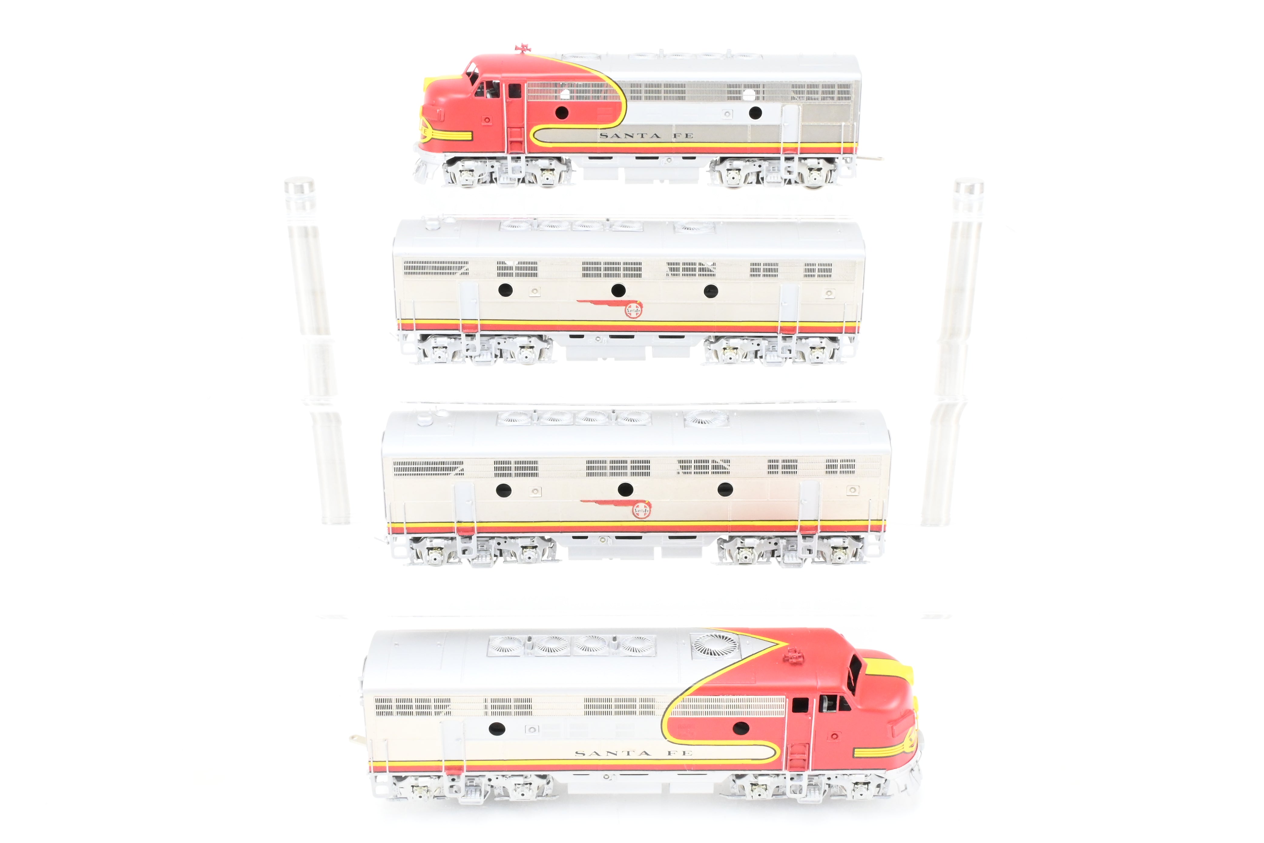 HO Scale Brass Model Train Oriental Limited ATSF - Santa Fe EMD F7 Phase II 1500 HP A/B/B/A Set with Factory Plated and Painted Finish