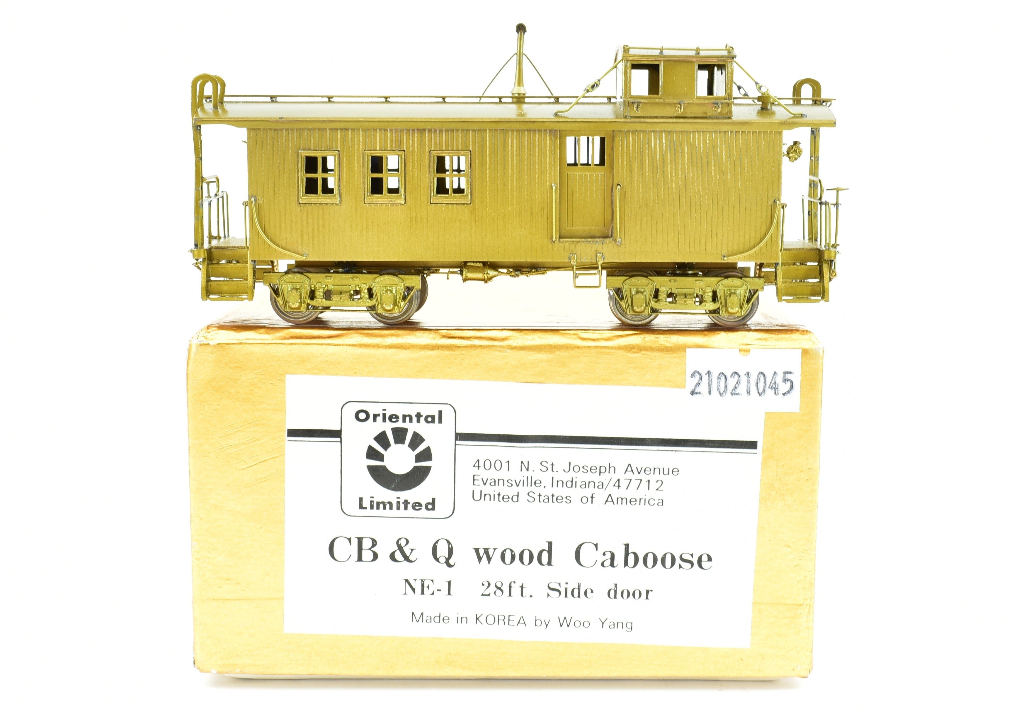 HO Scale Brass Model Railroad CON Oriental Limited CB&Q - CB&Q NE-1 28-Foot Side Door Wood Caboose