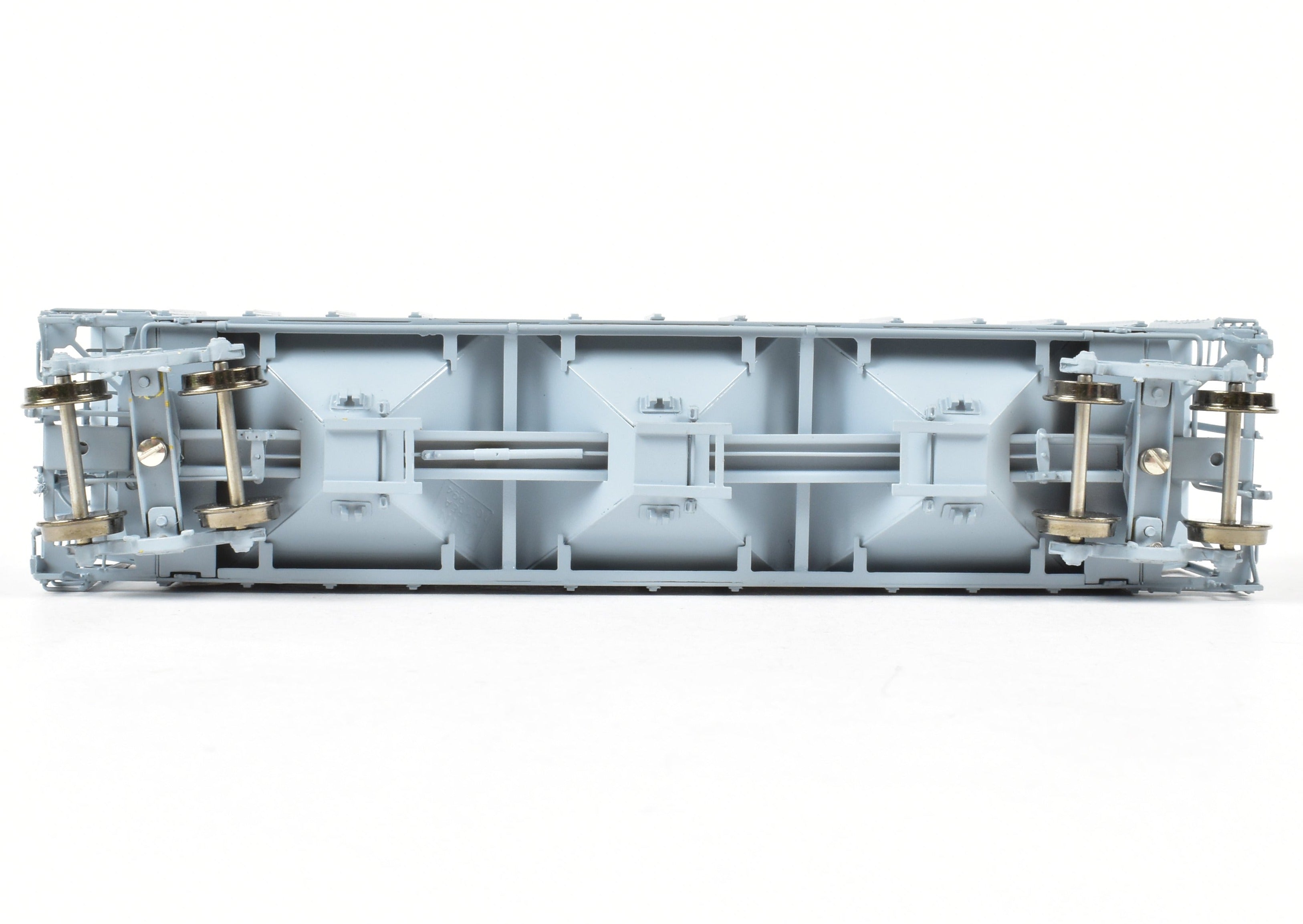 HO Scale Brass PS - 2 Central Discharge Covered Hopper Car Model by Overland Models, Inc. (OMI) in Various Roads, Factory - Painted Scalecoat #20 Grey and Unlettered
