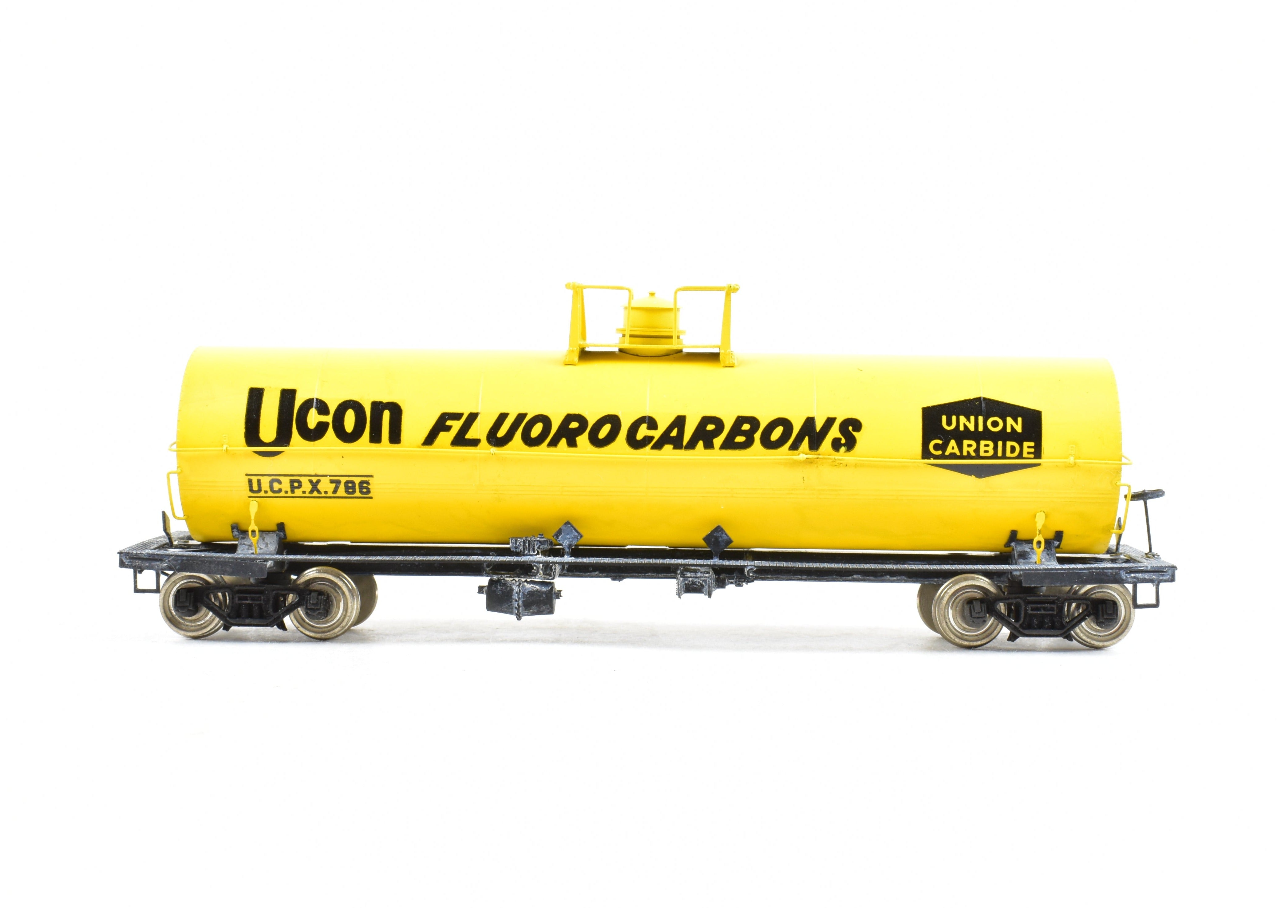 HO Scale Brass Precision Scale Co. (PSC) 12,000 Gallon Tank Car Factory-Painted in Yellow for Union Carbide, Various Roads Model