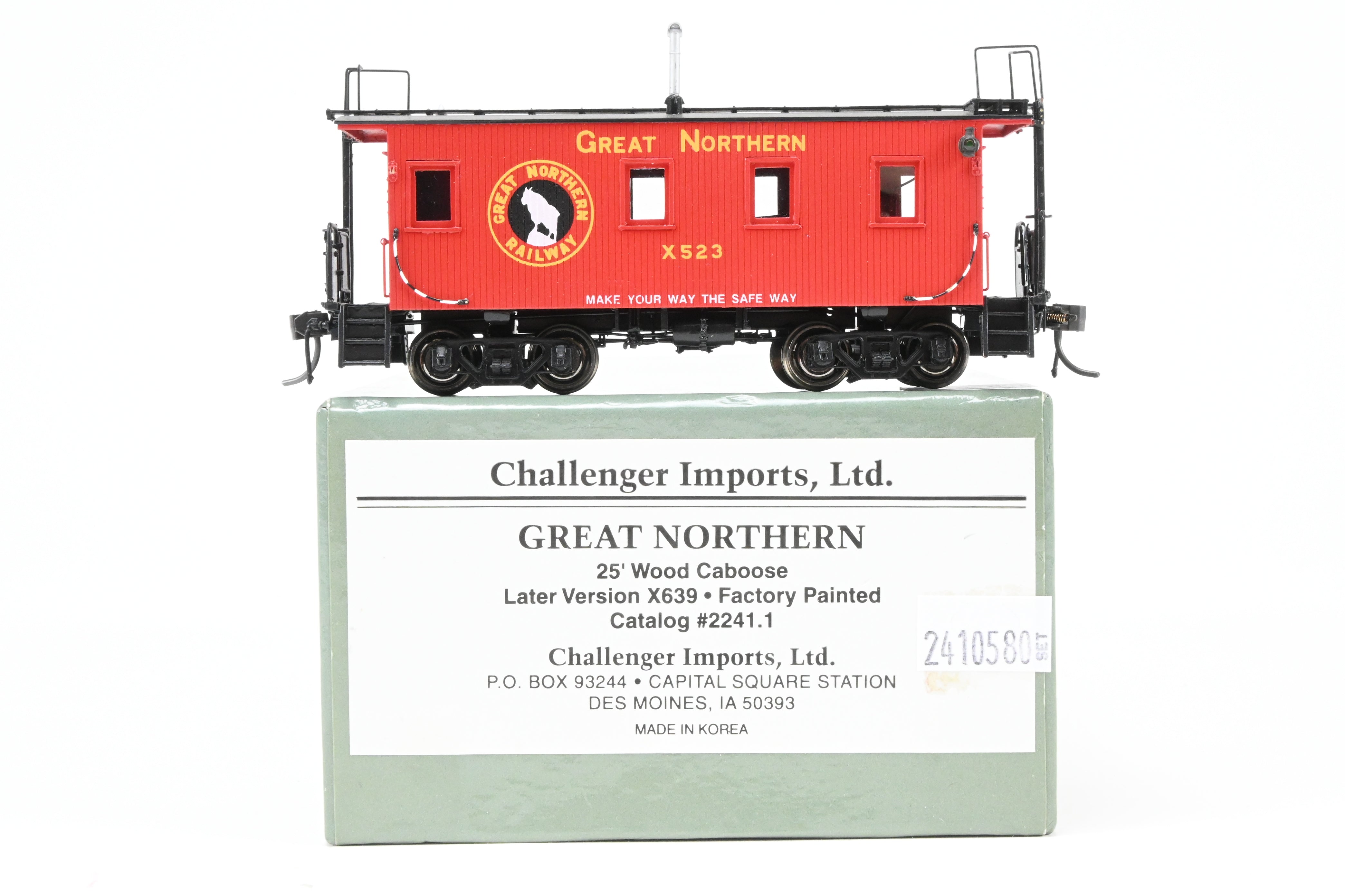 HO Scale Brass Converted Caboose - Challenger Imports Great Northern X523, 25-Foot Wood Caboose, Later Version with Added Marker Lights and Wrong Packaging