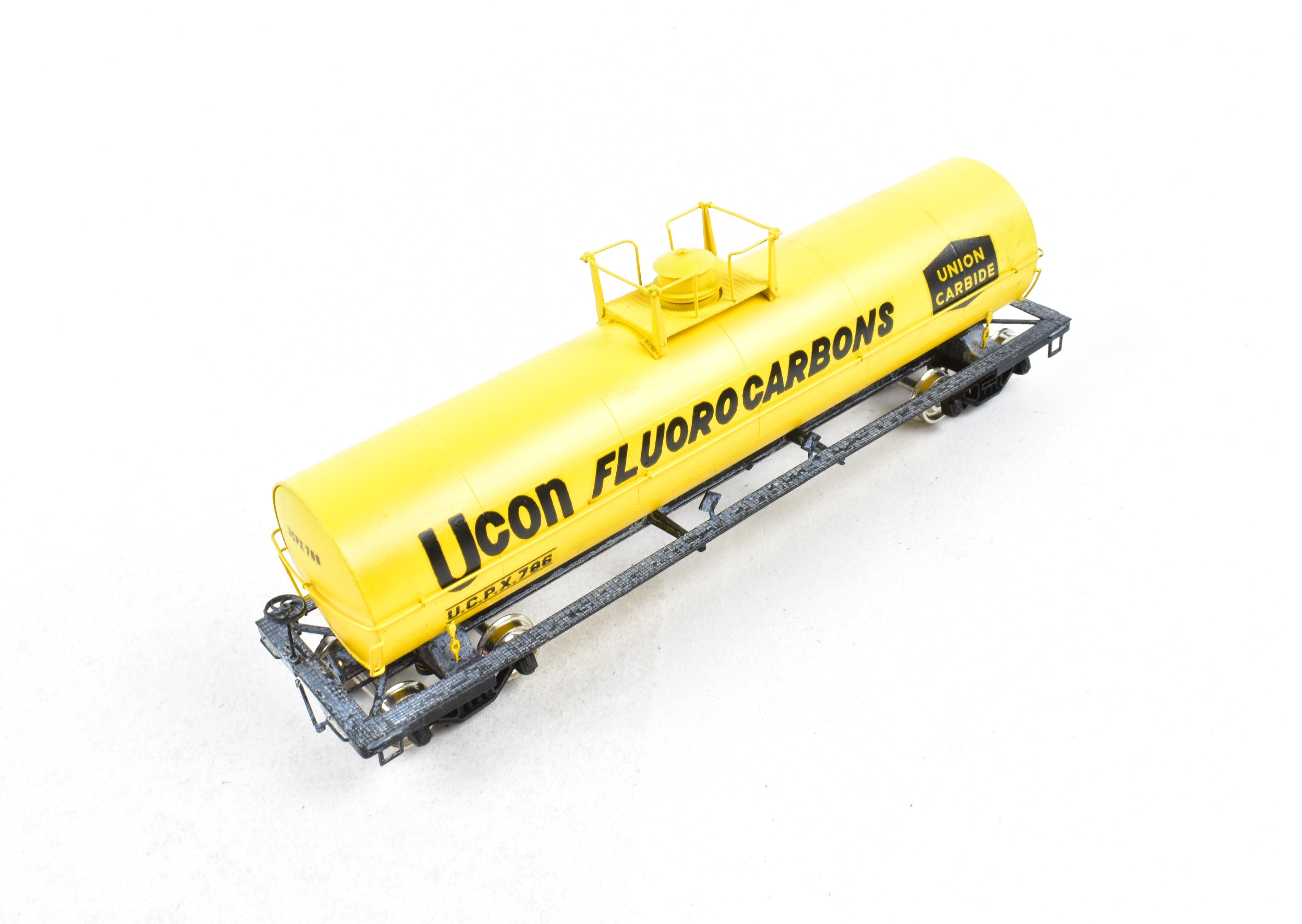 HO Scale Brass Precision Scale Co. (PSC) 12,000 Gallon Tank Car Factory-Painted in Yellow for Union Carbide, Various Roads Model
