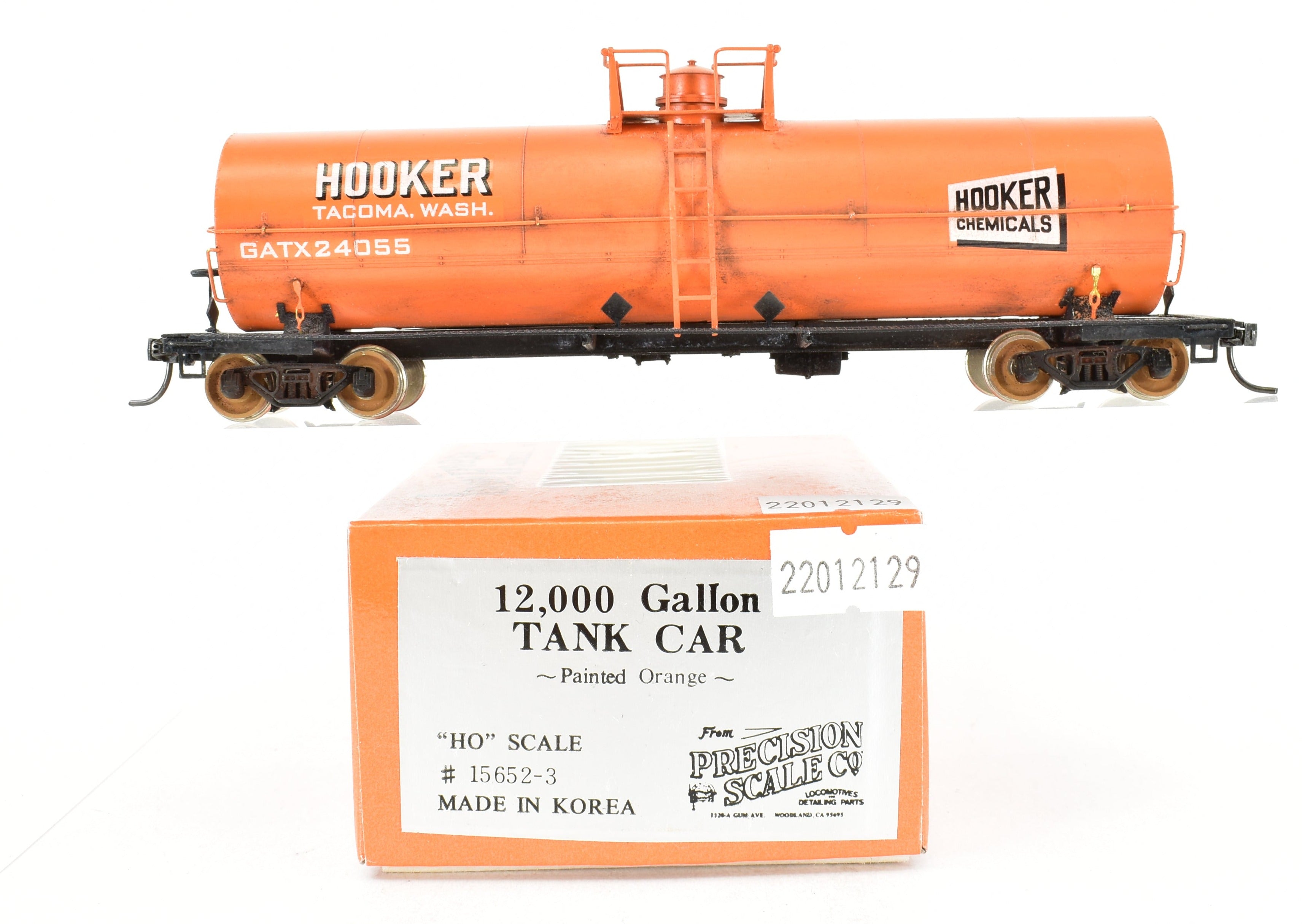 HO Scale Brass Precision Scale Co. 12,000 Gallon Weathered Orange Hooker Chemicals Tank Car Model with FP Design