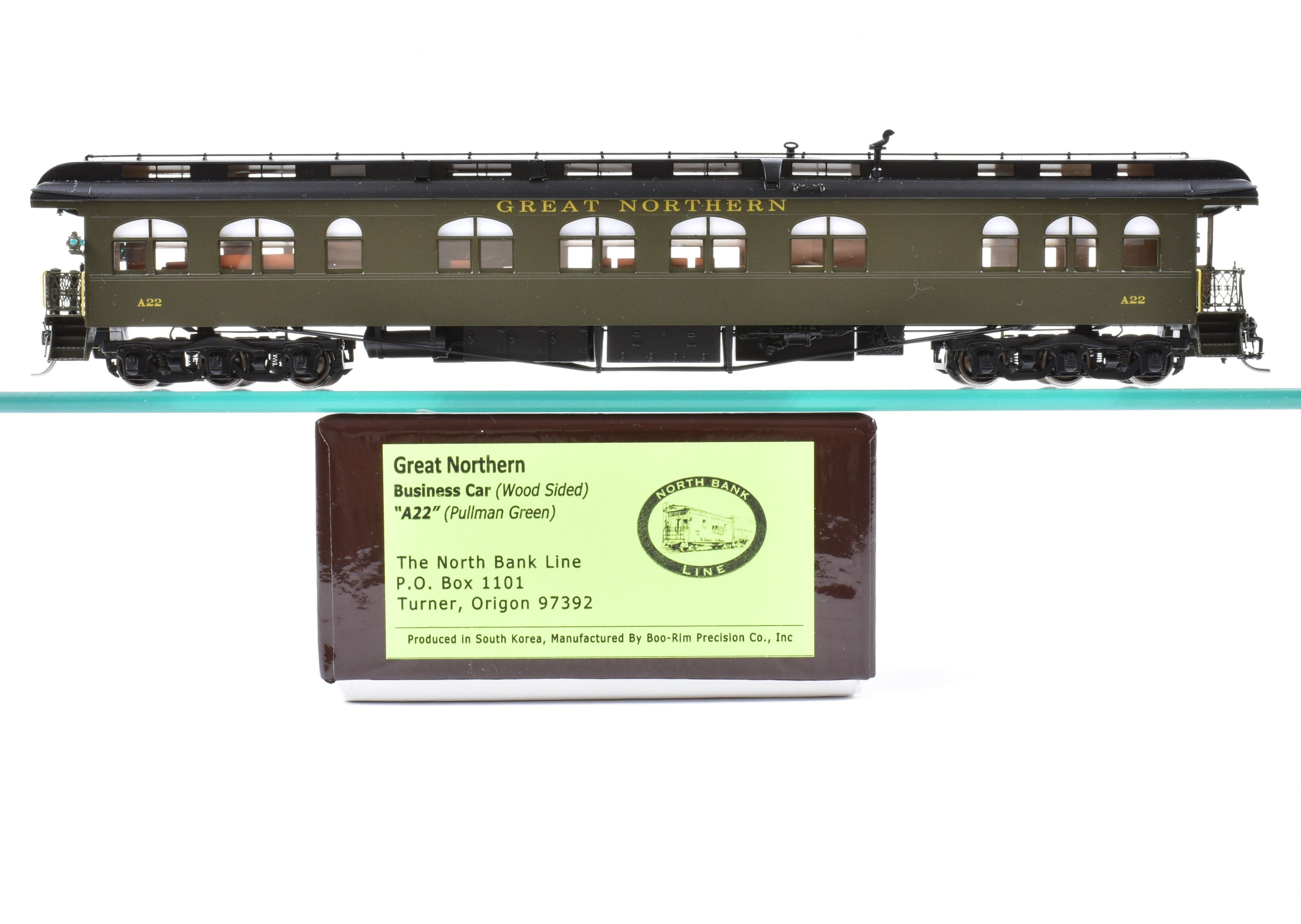High - Quality HO Scale New Brass Model of North Bank Line (NBL) and Great Northern (GN) A22 Business Car with Wood Sides in Pullman Green for Model Train Enthusiasts