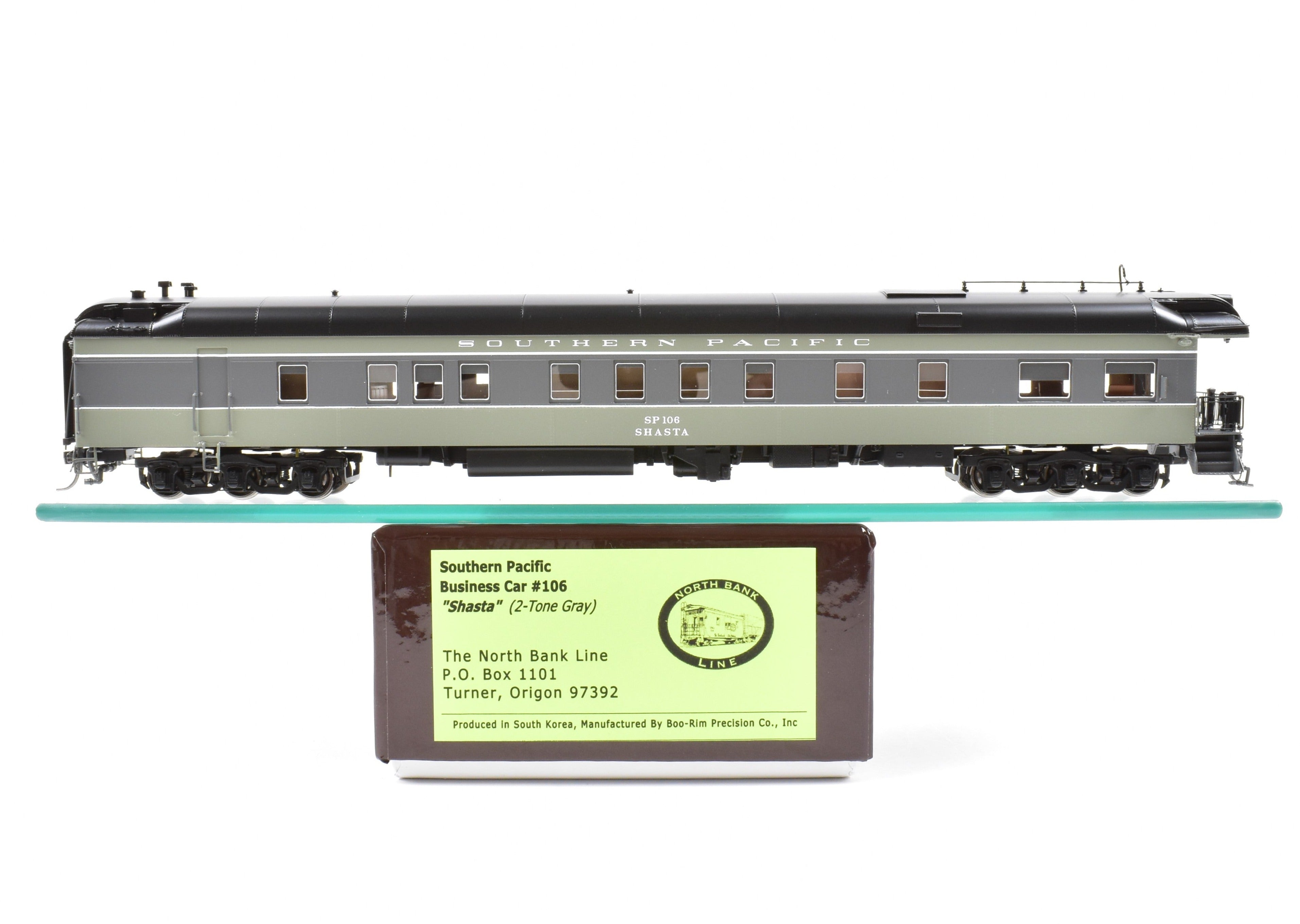 High - Quality HO Scale New Brass Model of North Bank Line Southern Pacific Shasta #106 Business Car in Two - Tone Grey Color