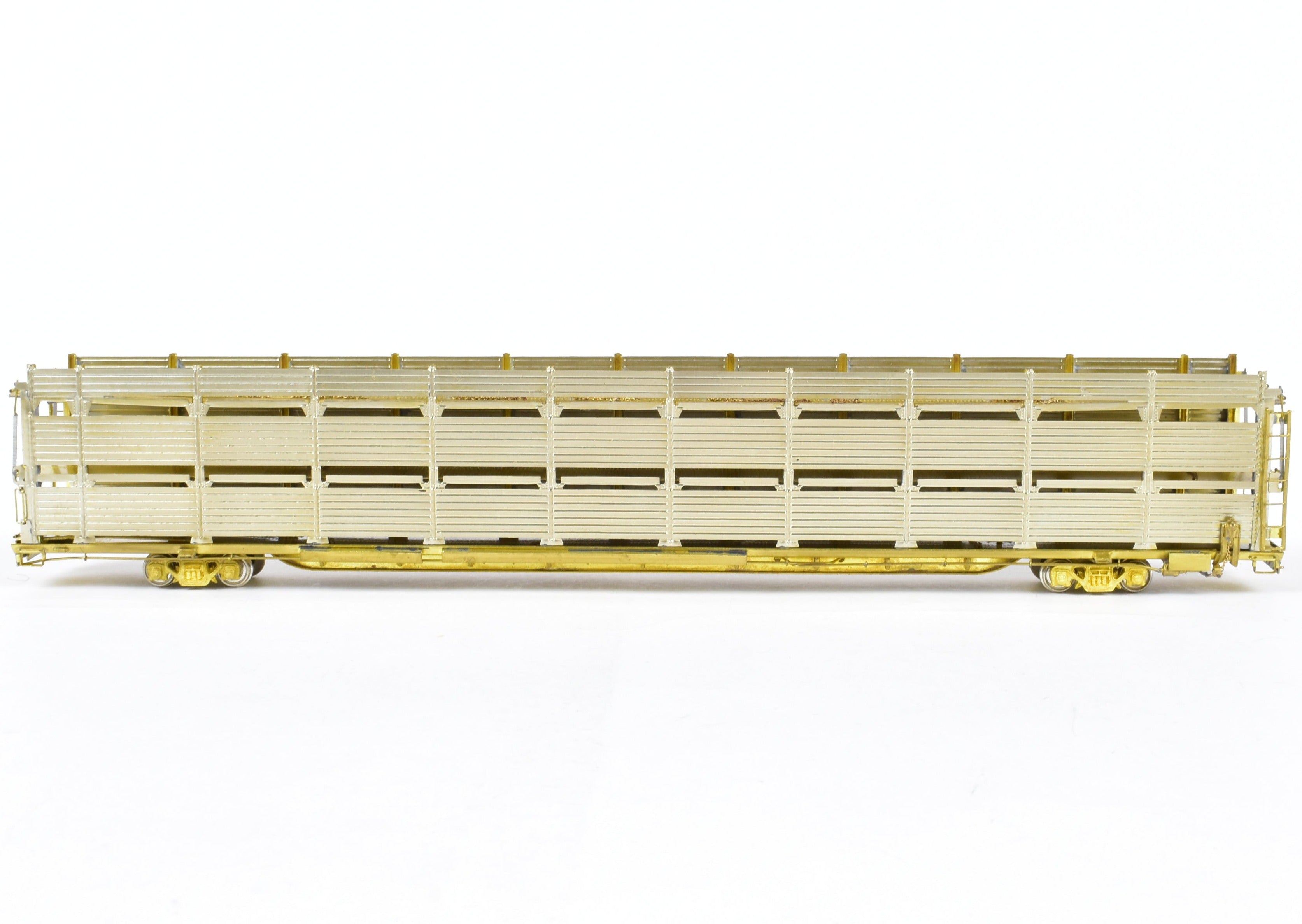 HO Scale Brass Tri - Level Auto Rack Model by Overland Models, Inc. (OMI) for Various Railroads like ATSF, BN, CR, N&W, and SP with Pressed Sides and Optional Roof