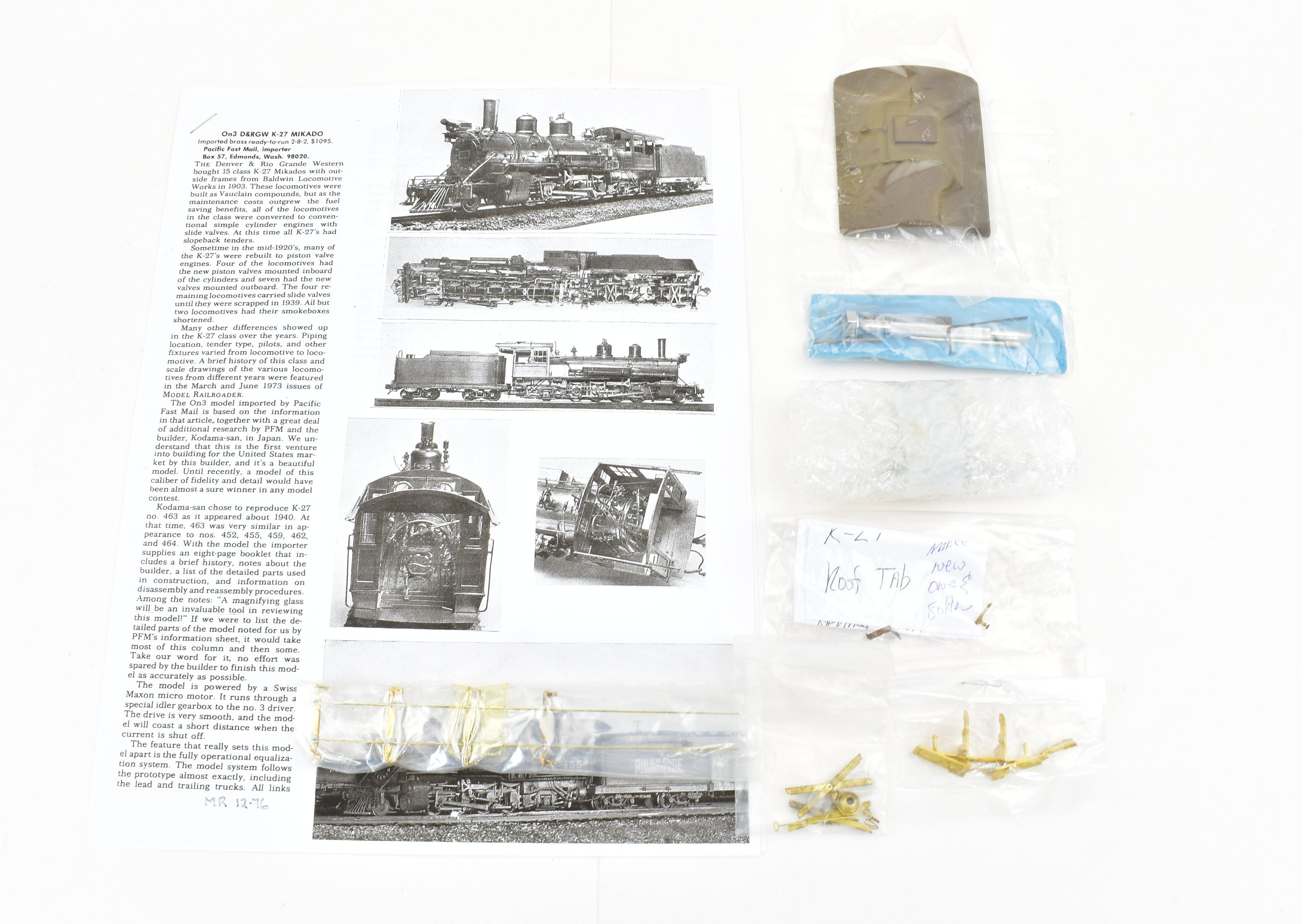 On3 Scale Brass Model Train - Pacific Fast Mail (PFM) Denver & Rio Grande Western Class K - 27 2 - 8 - 2 Steam Locomotive