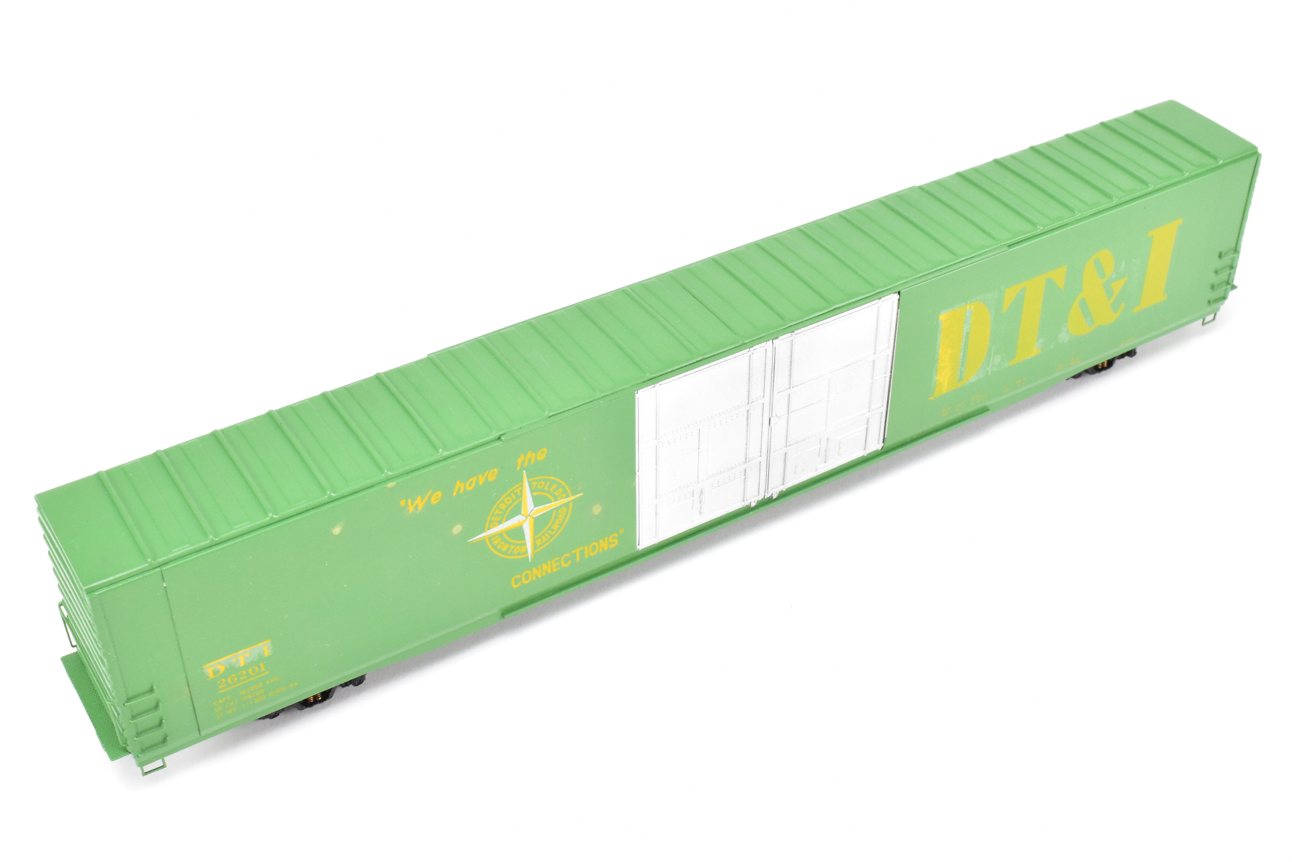 HO Scale Brass Model Trains - Detroit Toledo & Ironton (DT&I) 86 Foot High - Cube Boxcar, Custom - Painted in Lime Green, Model Number CP DT&I 26201