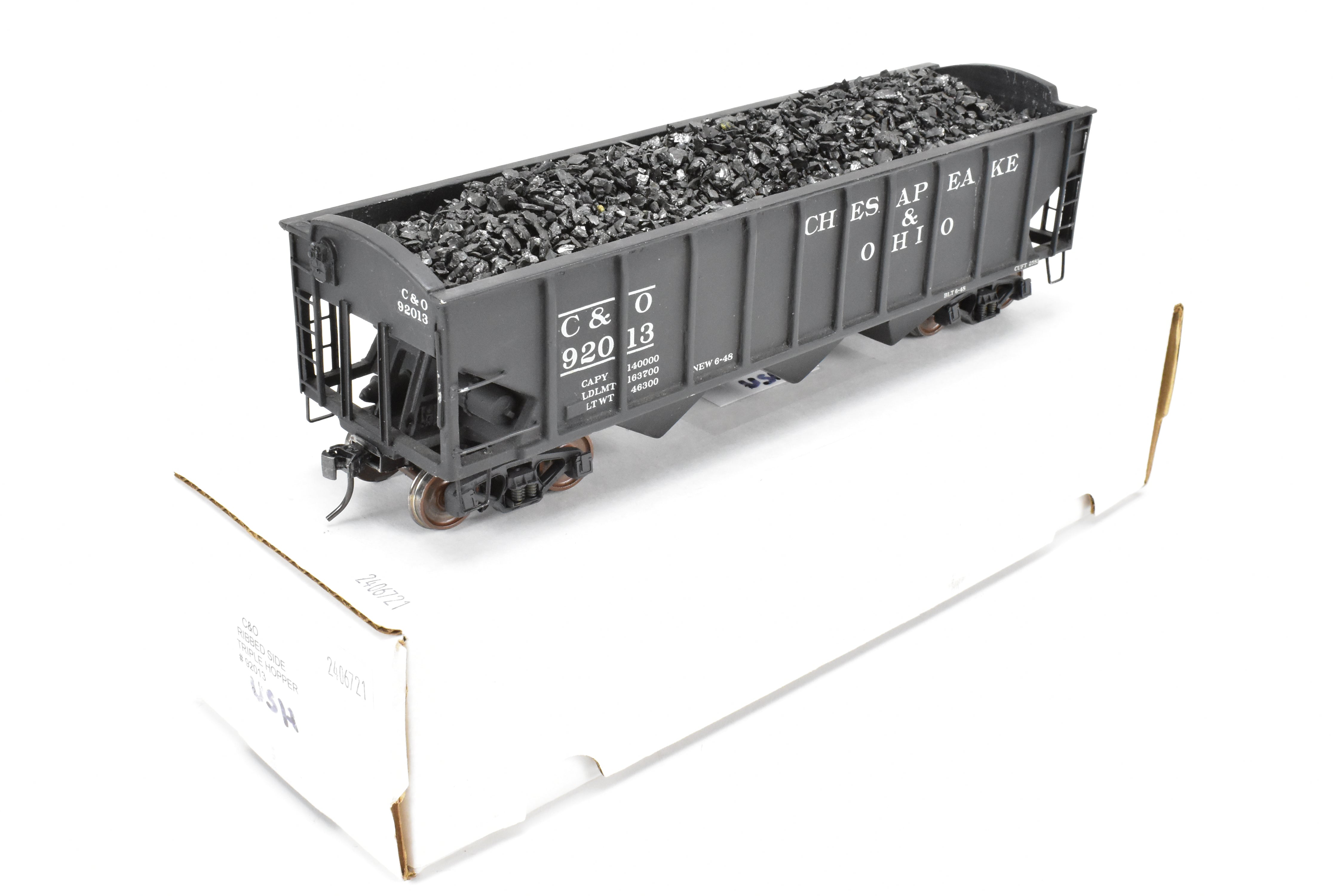 O Scale Brass Model Train - US Hobbies C&O (Chesapeake & Ohio) ACF Welded Triple Hopper, Custom Painted with Number 92013 and No Original Packaging