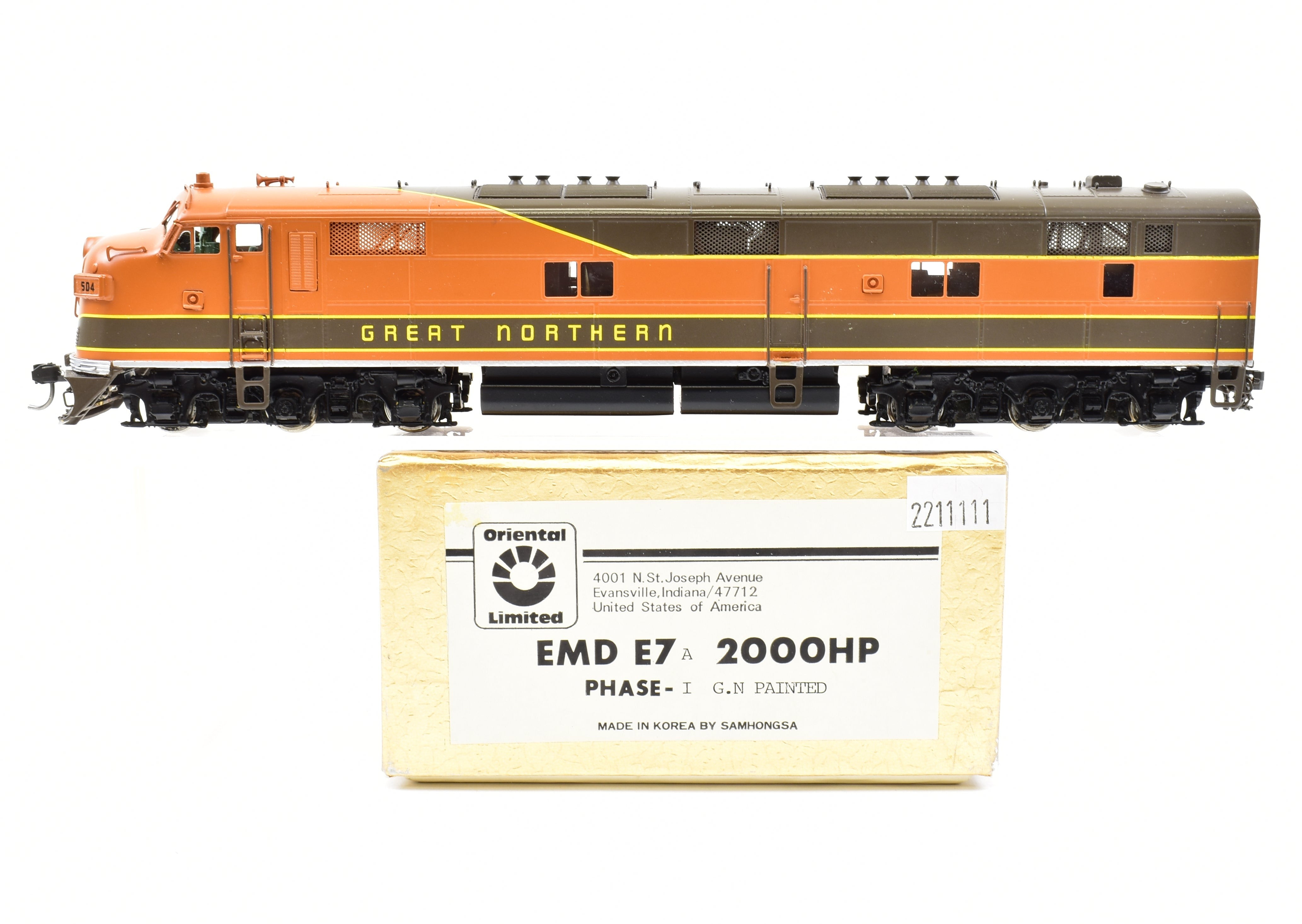 HO Scale Brass Model Train - Oriental Limited GN - Great Northern EMD E7A 2000 HP Standard Factory Painted Locomotive #504