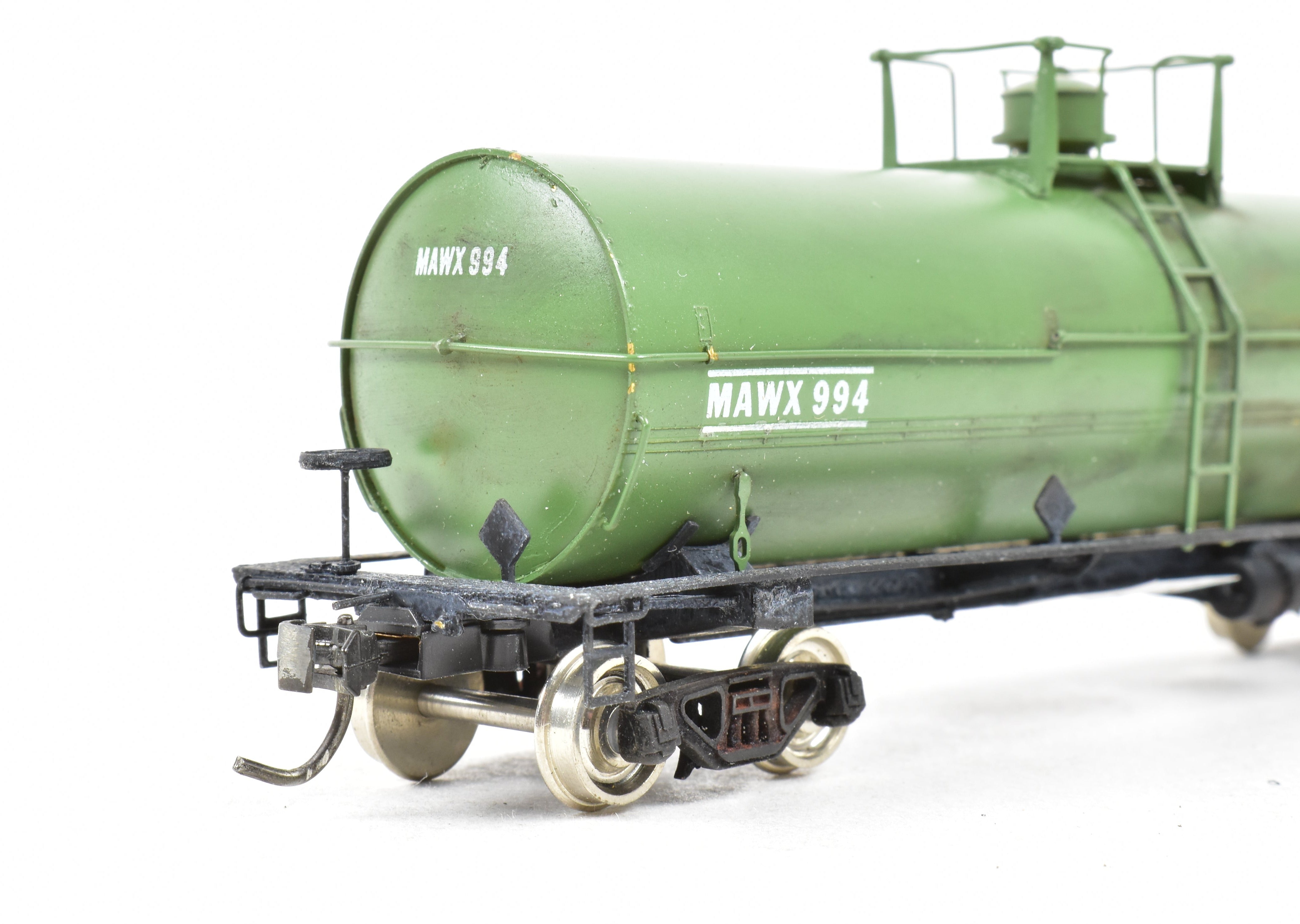 HO Scale Brass Precision Scale Co. 12,000 Gallon Tank Car Model Painted in Green with Mathieson Chemicals Decals