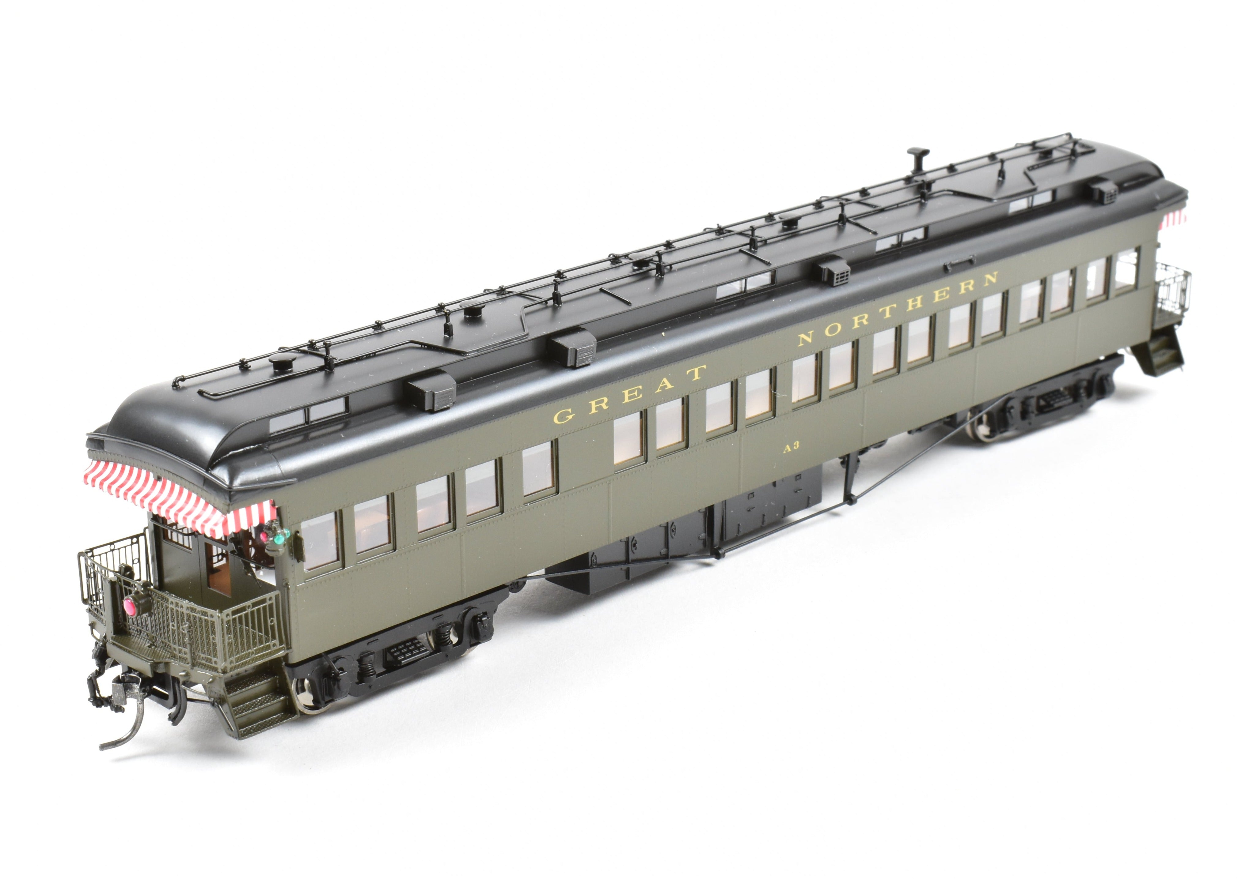 High - Quality HO Scale New Brass Model Train: North Bank Line (NBL) and Great Northern (GN) 2nd A3 Business Car in Pullman Green Color