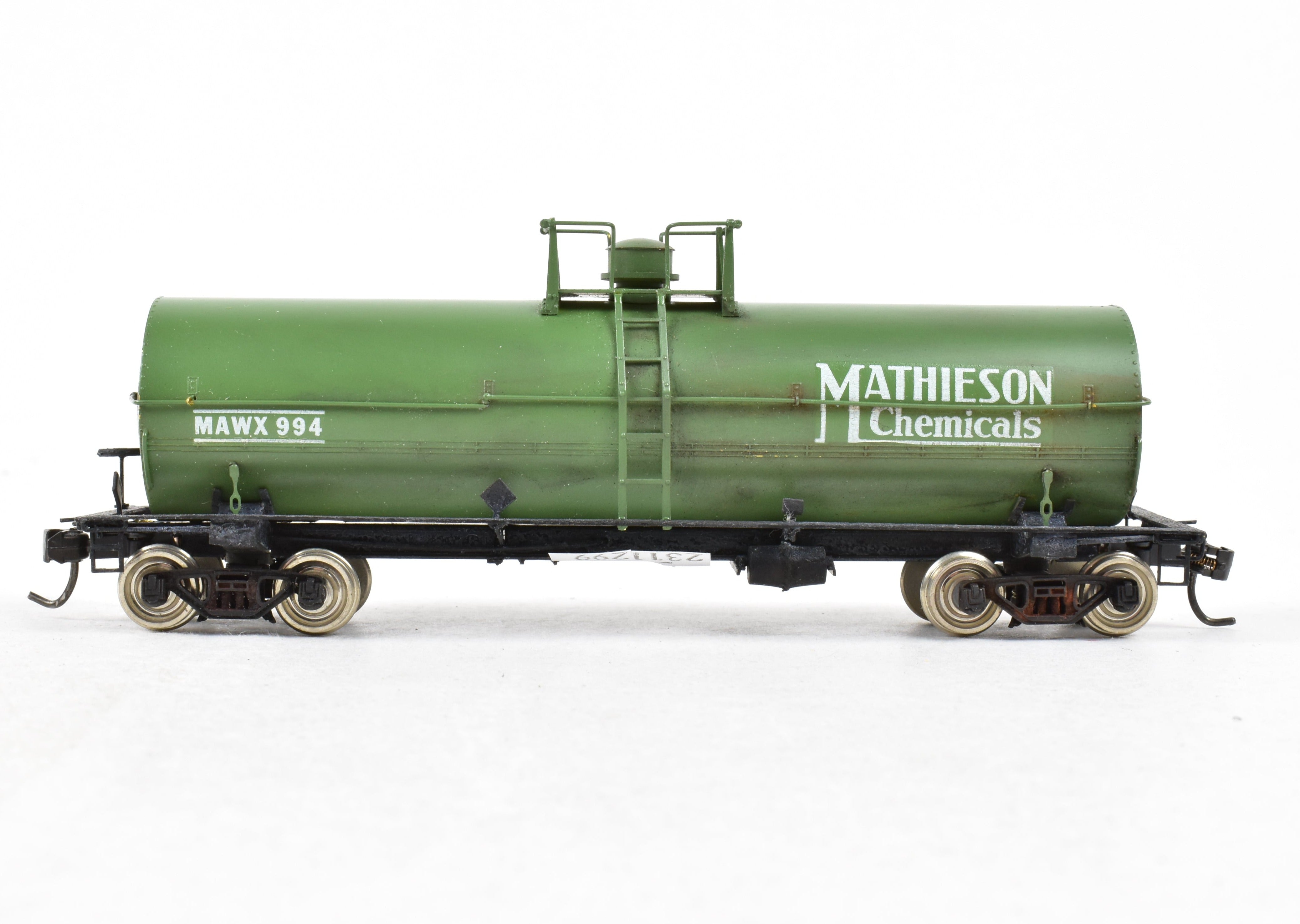 HO Scale Brass Precision Scale Co. 12,000 Gallon Tank Car Model Painted in Green with Mathieson Chemicals Decals