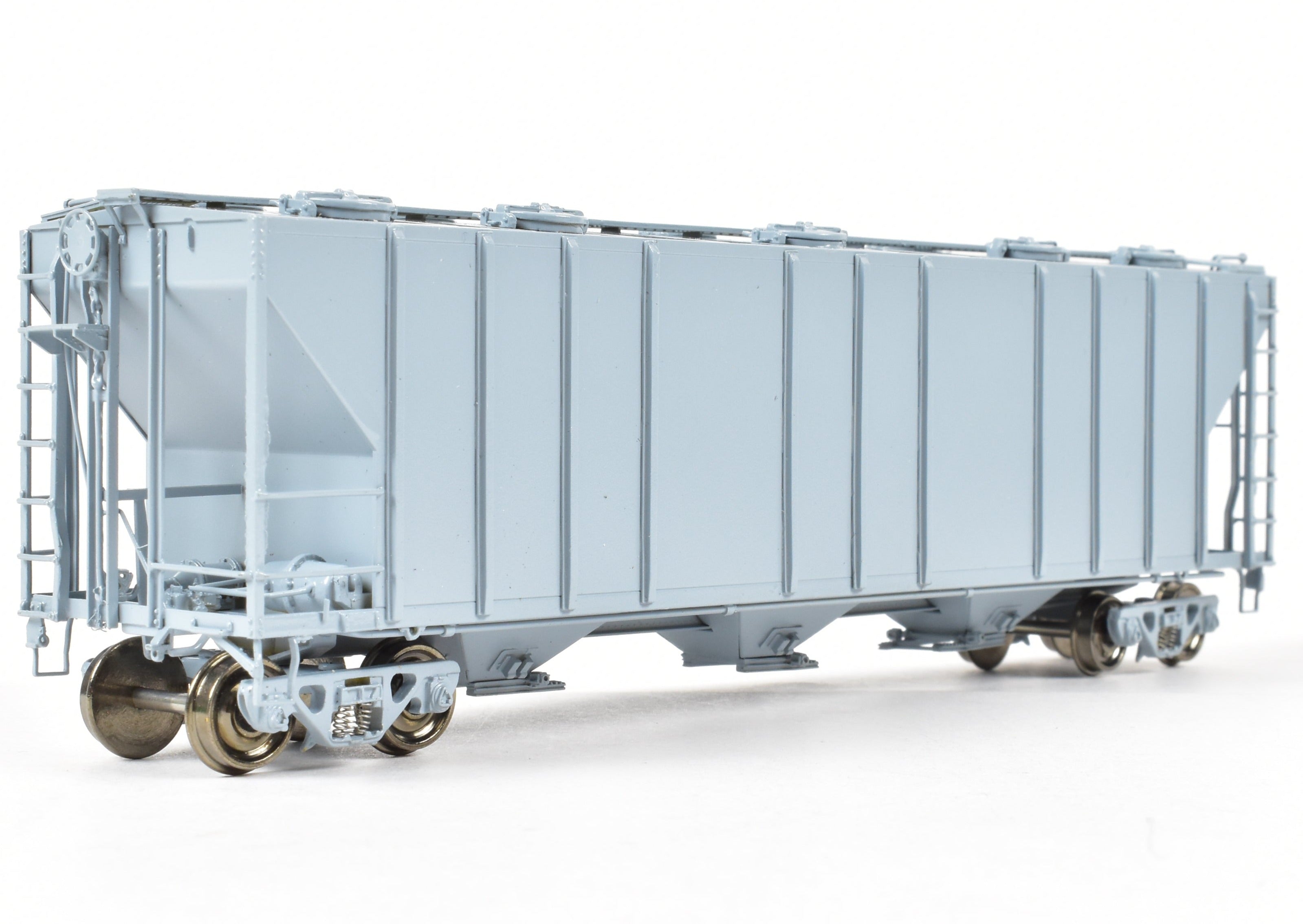 HO Scale Brass PS - 2 Central Discharge Covered Hopper Car Model by Overland Models, Inc. (OMI) in Various Roads, Factory - Painted Scalecoat #20 Grey and Unlettered