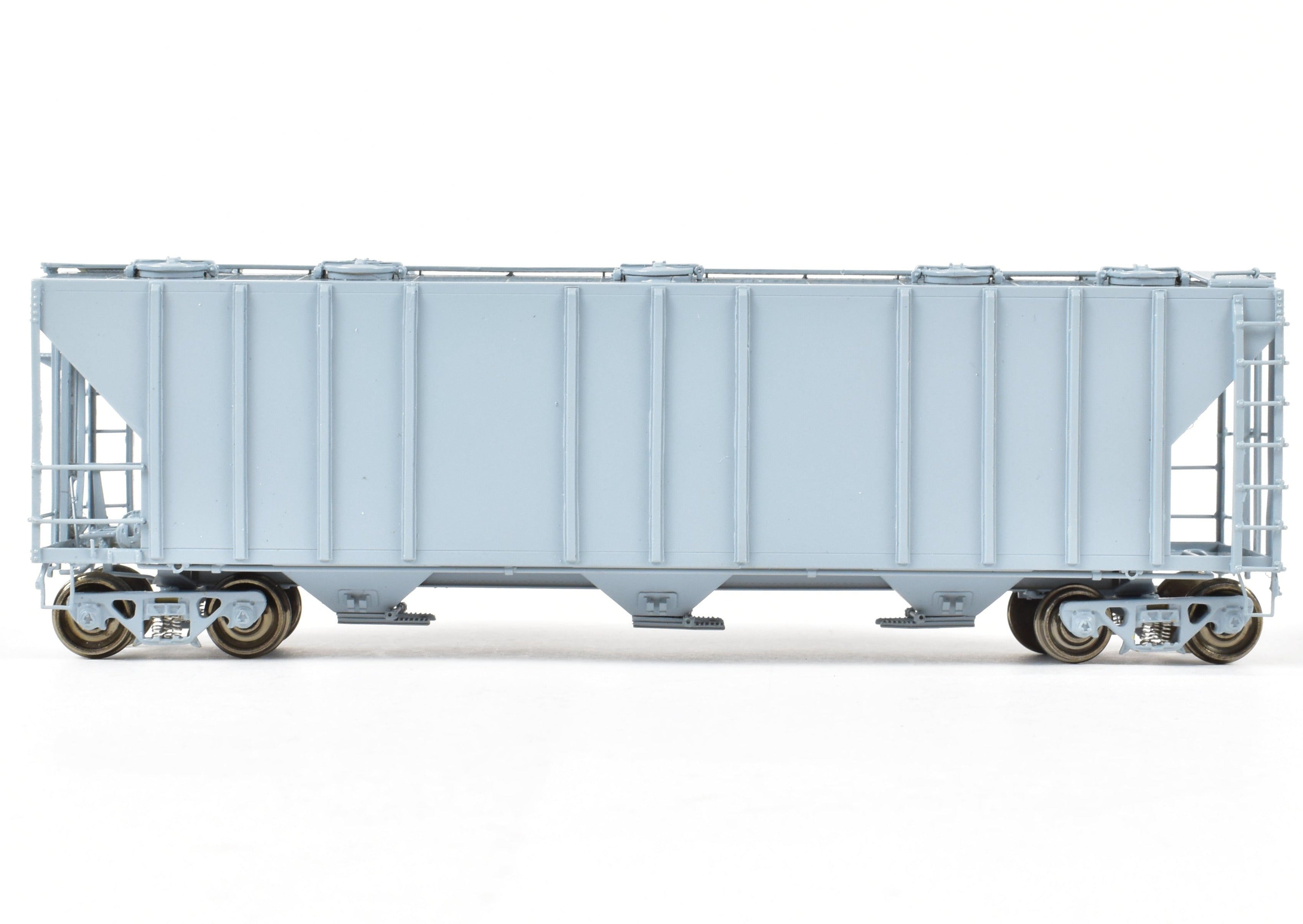 HO Scale Brass PS - 2 Central Discharge Covered Hopper Car Model by Overland Models, Inc. (OMI) in Various Roads, Factory - Painted Scalecoat #20 Grey and Unlettered