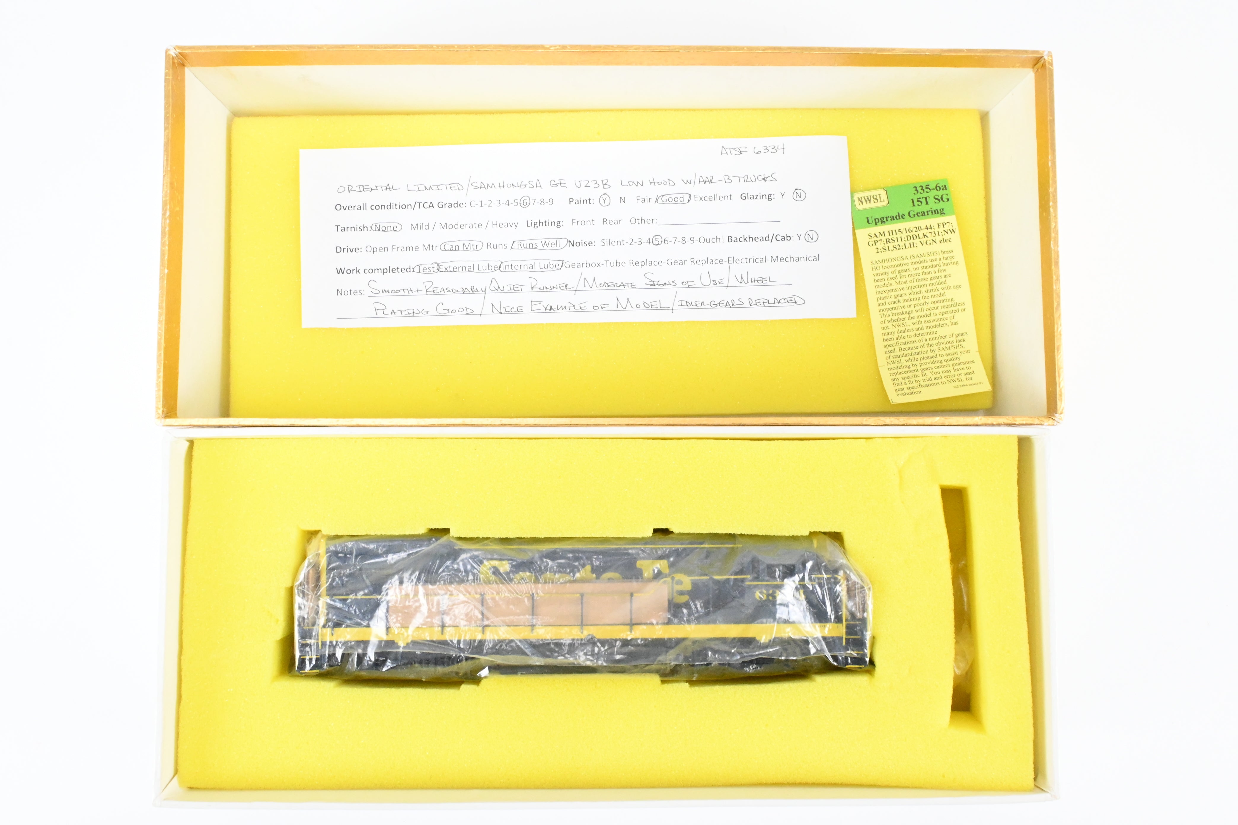 HO Scale Brass Model Train - Oriental Limited ATSF - Santa Fe GE U23B 2300 HP Low Hood Locomotive with AAR - B Trucks, Road Number FP #6334