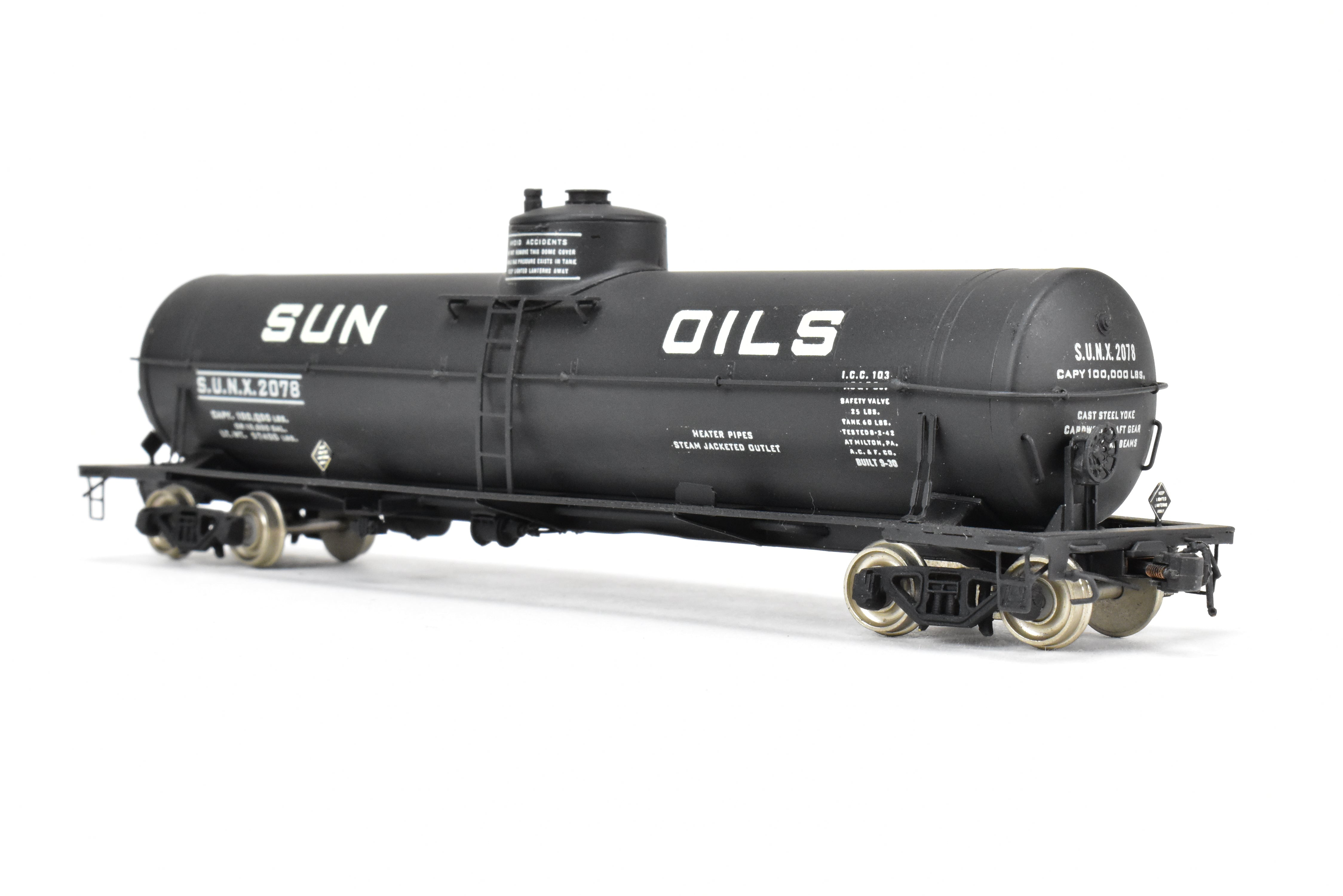 HO Scale Brass Precision Scale Co. (PSC) 16,000 Gallon Tank Car with Various Roads and Sun Oils Decals for Model Trains
