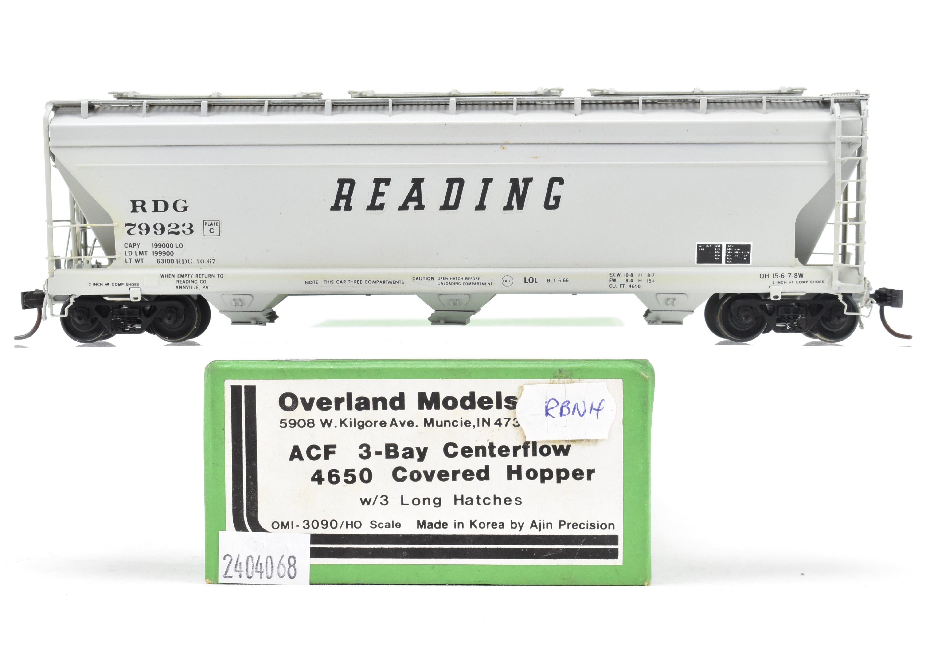 HO Scale Brass Model Train - Overland Models, Inc. (OMI) Reading RDG ACF 3 - Bay Centerflow 4650 Covered Hopper with 3 Long Hatches, CP No. 79923