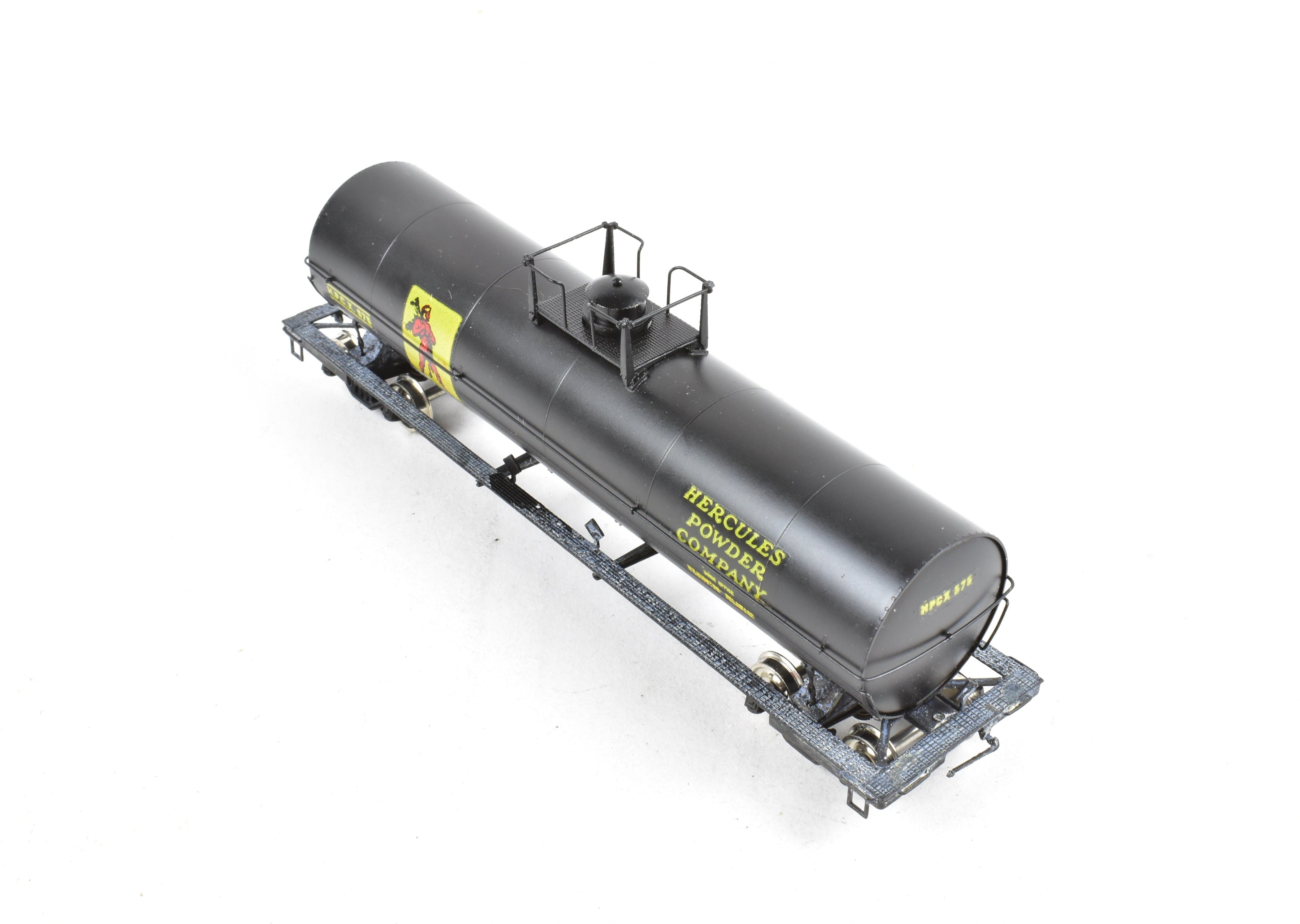HO Scale Brass Precision Scale Co. 12,000 Gallon Tank Car, Professionally Painted Black with Hercules Powder Company Lettering