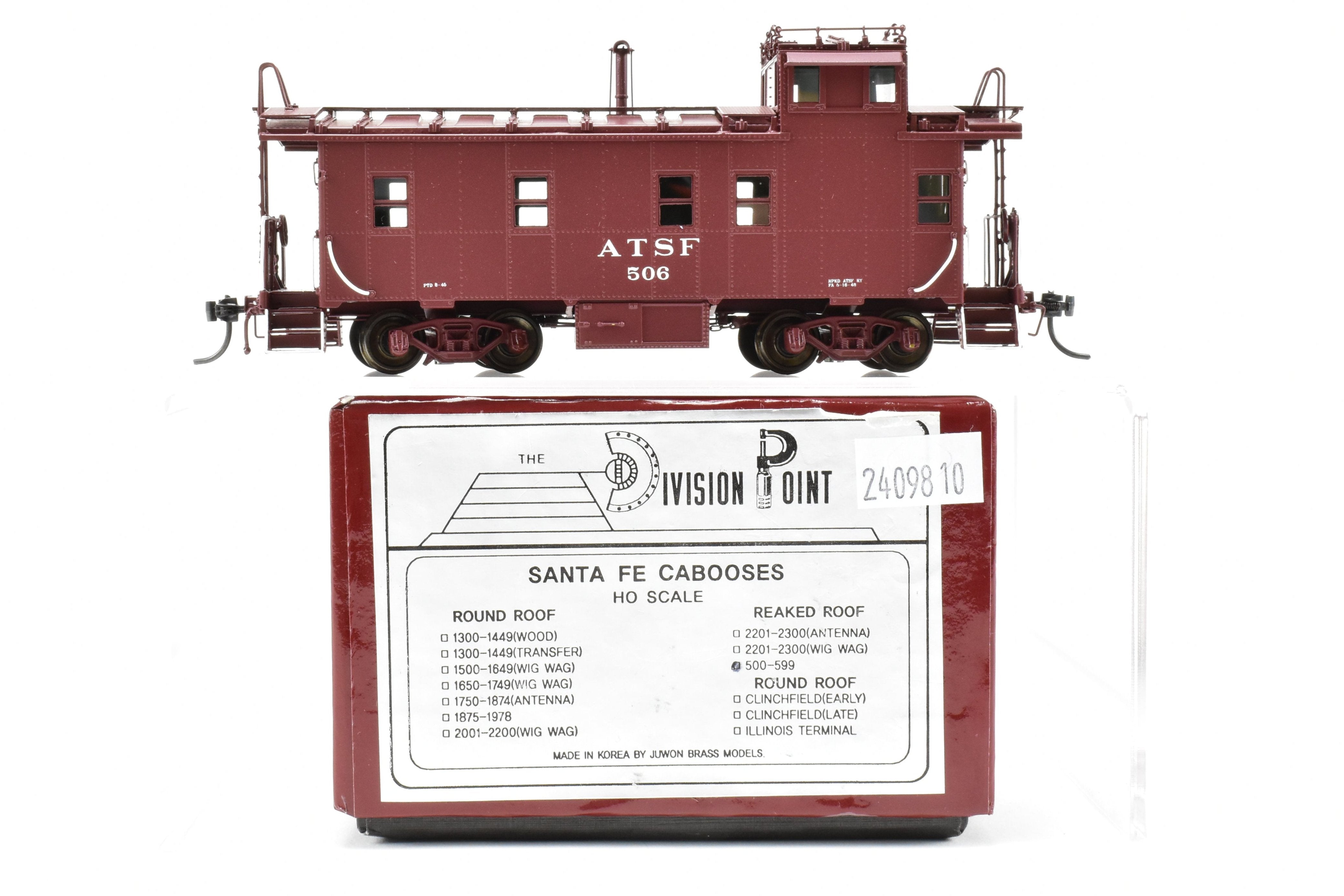 HO Scale Brass Division Point (DVP) Santa Fe Style Peaked Roof Caboose with Antenna and Factory Painted Finish, Road Number FP #506