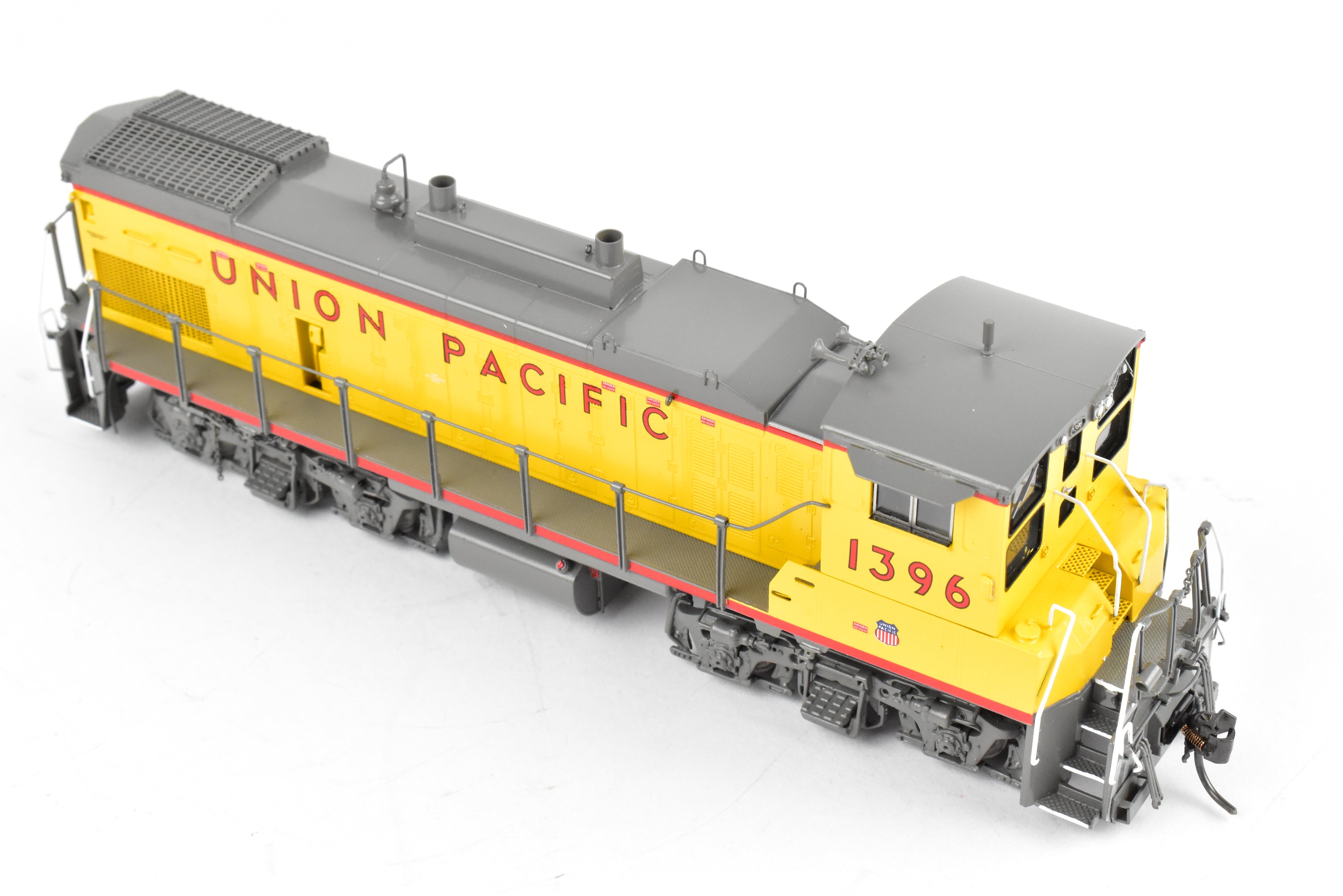 HO Scale Brass Model Train - Overland Models Inc. Union Pacific EMD MP15AC (formerly MKT) Freight Locomotive in Striking Yellow/Gray Color Scheme, Road Number 1396
