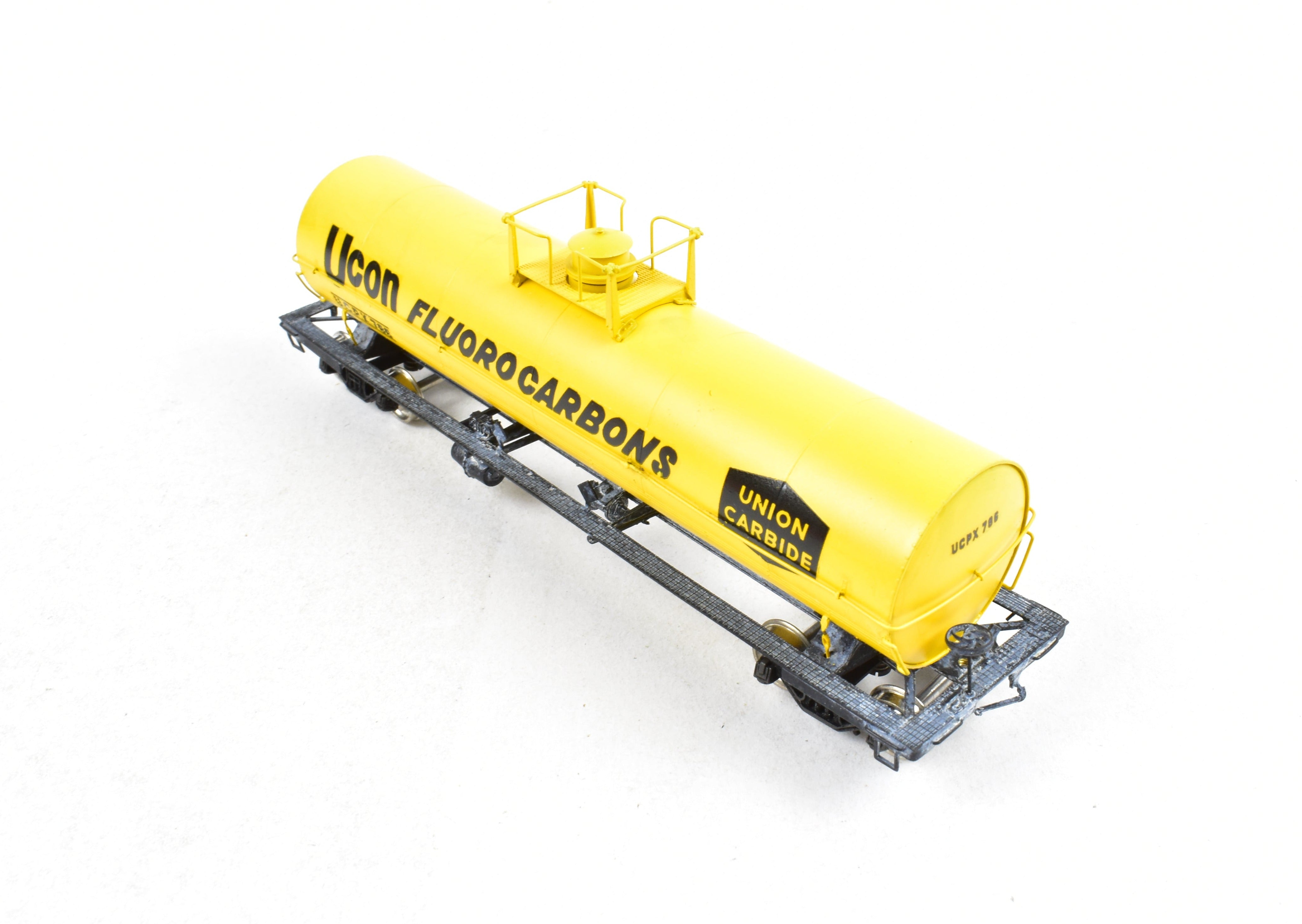 HO Scale Brass Precision Scale Co. (PSC) 12,000 Gallon Tank Car Factory-Painted in Yellow for Union Carbide, Various Roads Model