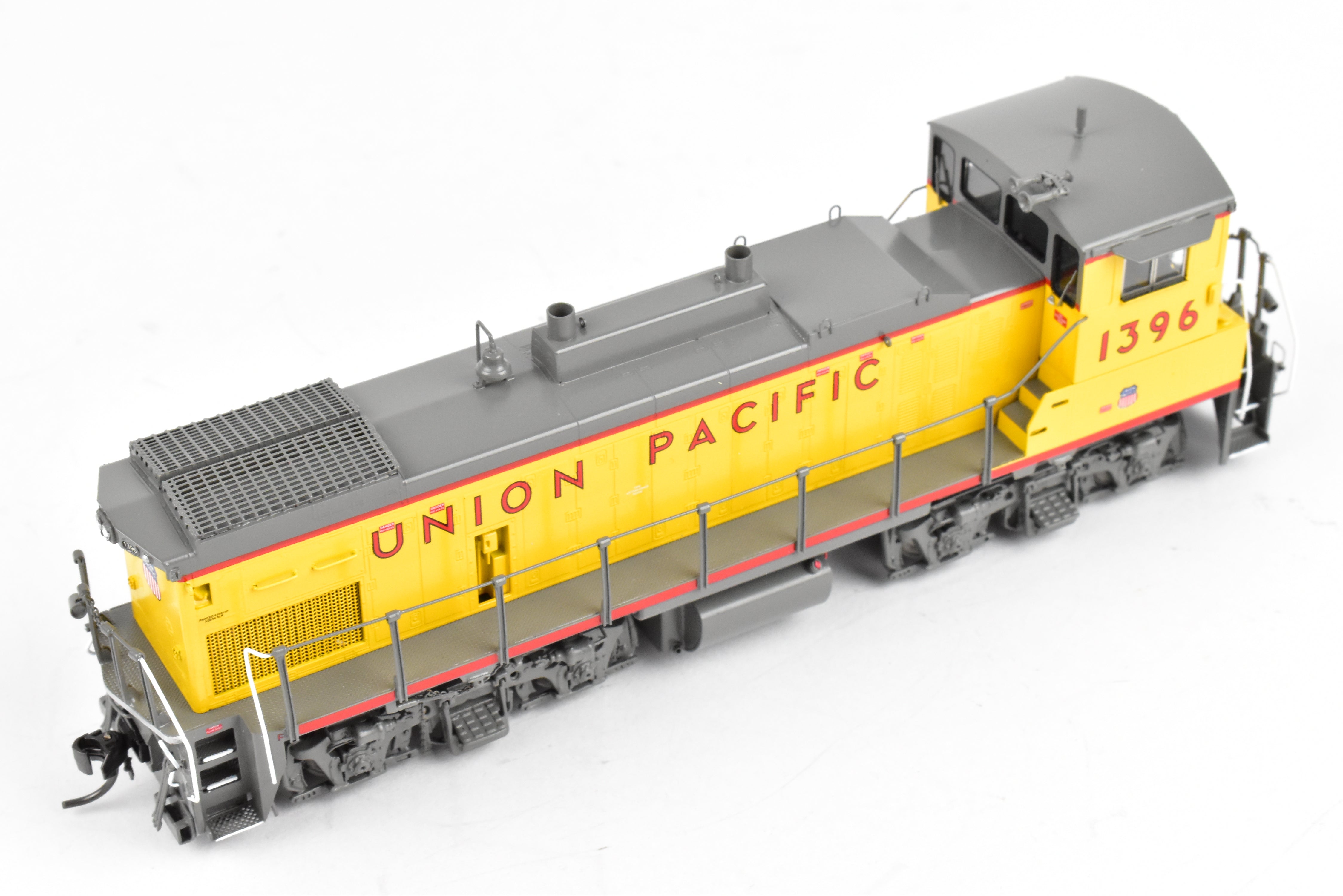 HO Scale Brass Model Train - Overland Models Inc. Union Pacific EMD MP15AC (formerly MKT) Freight Locomotive in Striking Yellow/Gray Color Scheme, Road Number 1396