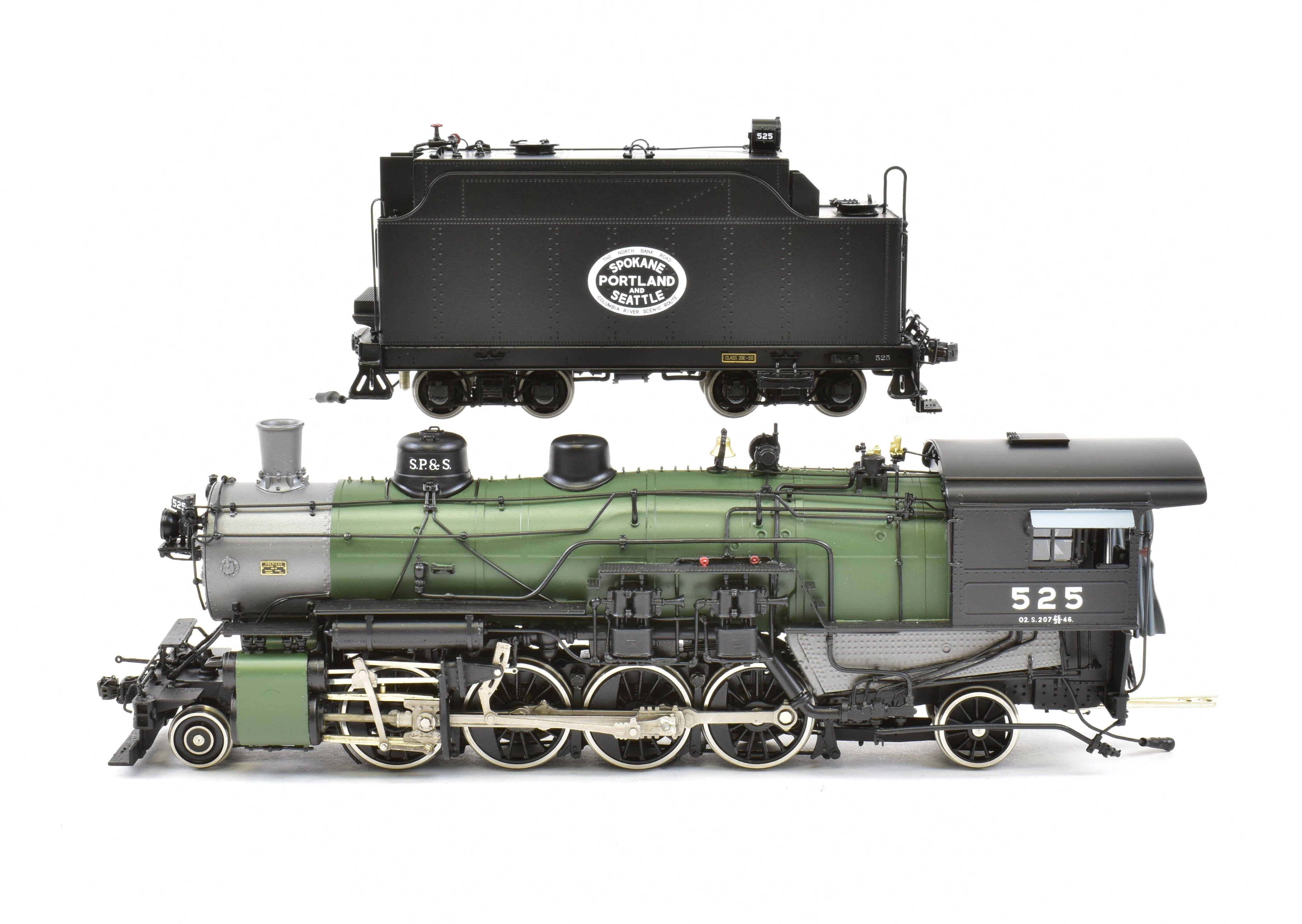HO Scale Brass Model Train - W&R Enterprises SP&S - Spokane, Portland & Seattle Railway Class O - 2 2 - 8 - 2 FP Glacier Scheme Locomotive No. 525