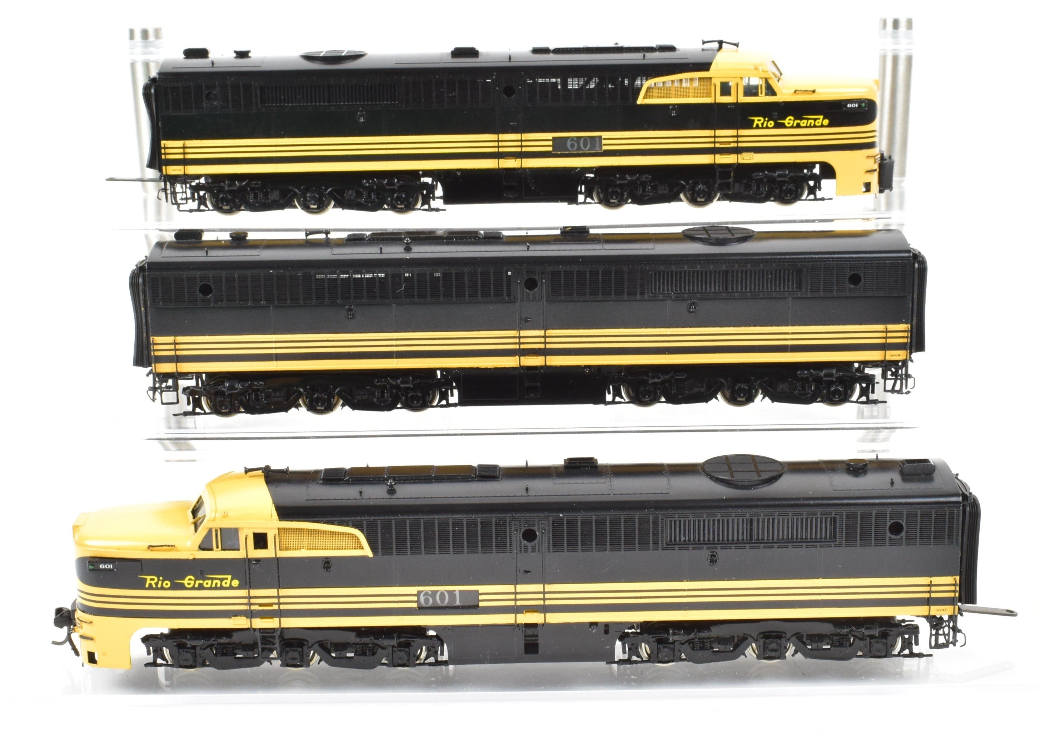 HO Scale Brass Model Train Key Imports D&RGW - Denver & Rio Grande Western Alco PA A/B/A Set Locomotive in Black and Yellow Color Scheme