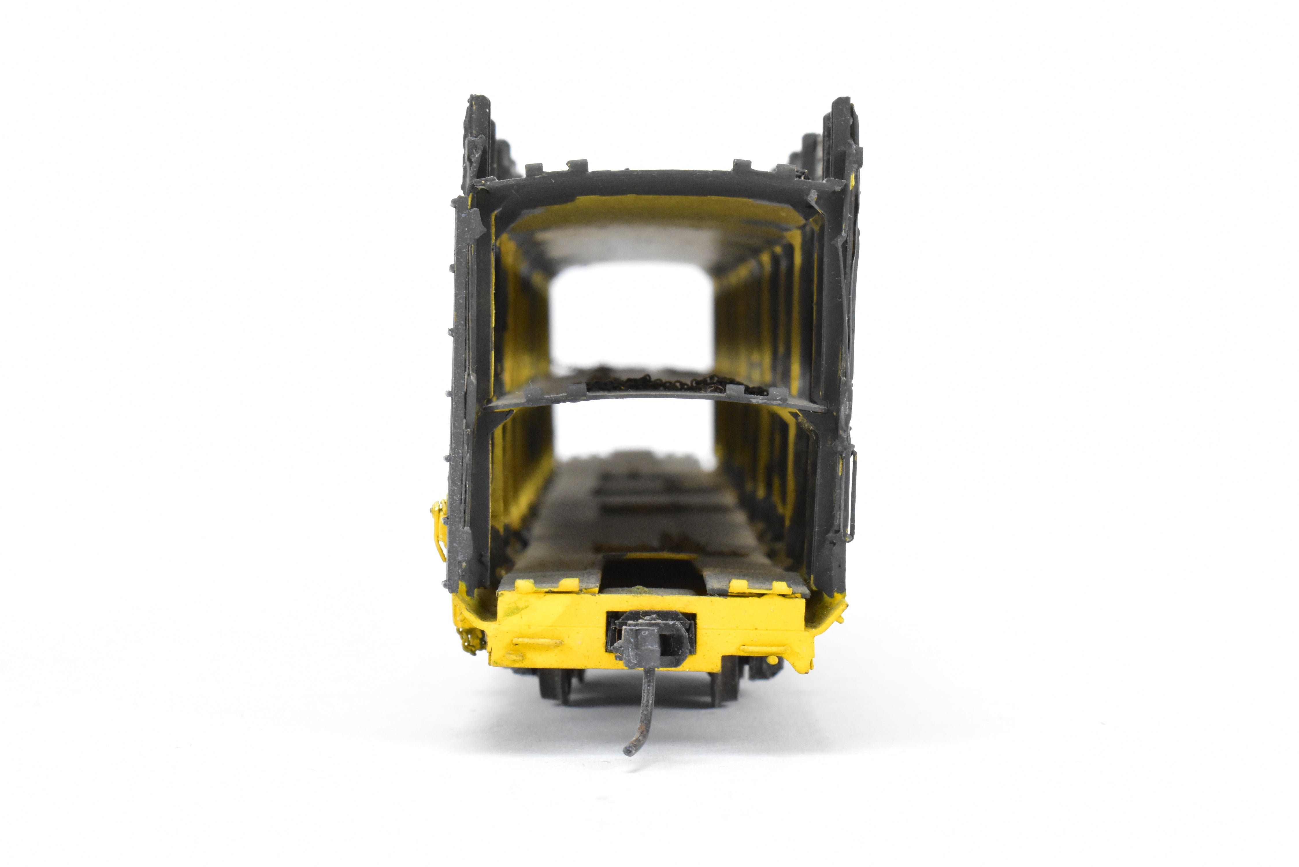 HO Scale Brass Model Tri-Level Auto Rack by Overland Models, Inc. (OMI) - Norfolk & Western Design with Pressed Sides, No Roof, C/P TTKX, and Lightly Weathered Appearance