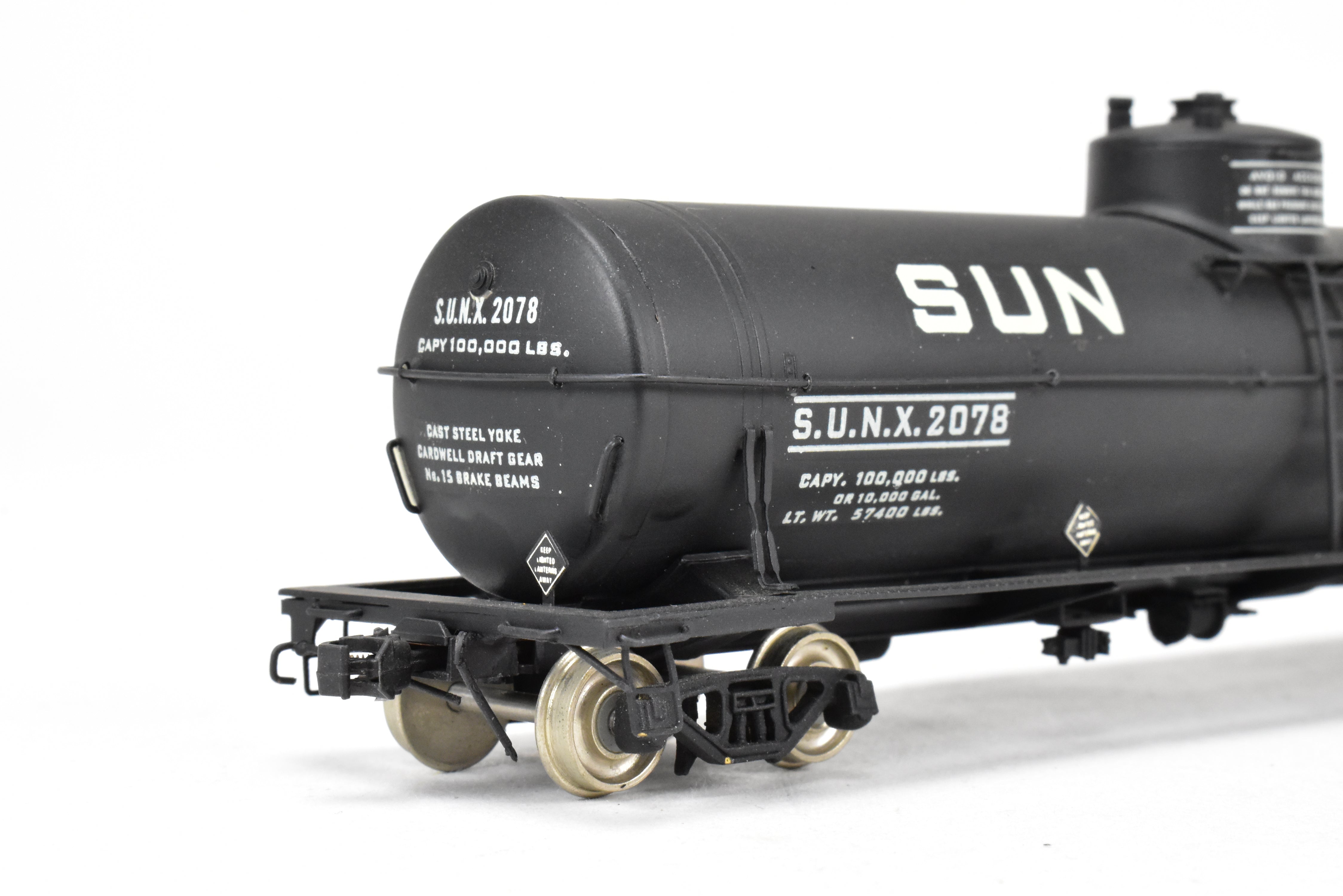 HO Scale Brass Precision Scale Co. (PSC) 16,000 Gallon Tank Car with Various Roads and Sun Oils Decals for Model Trains