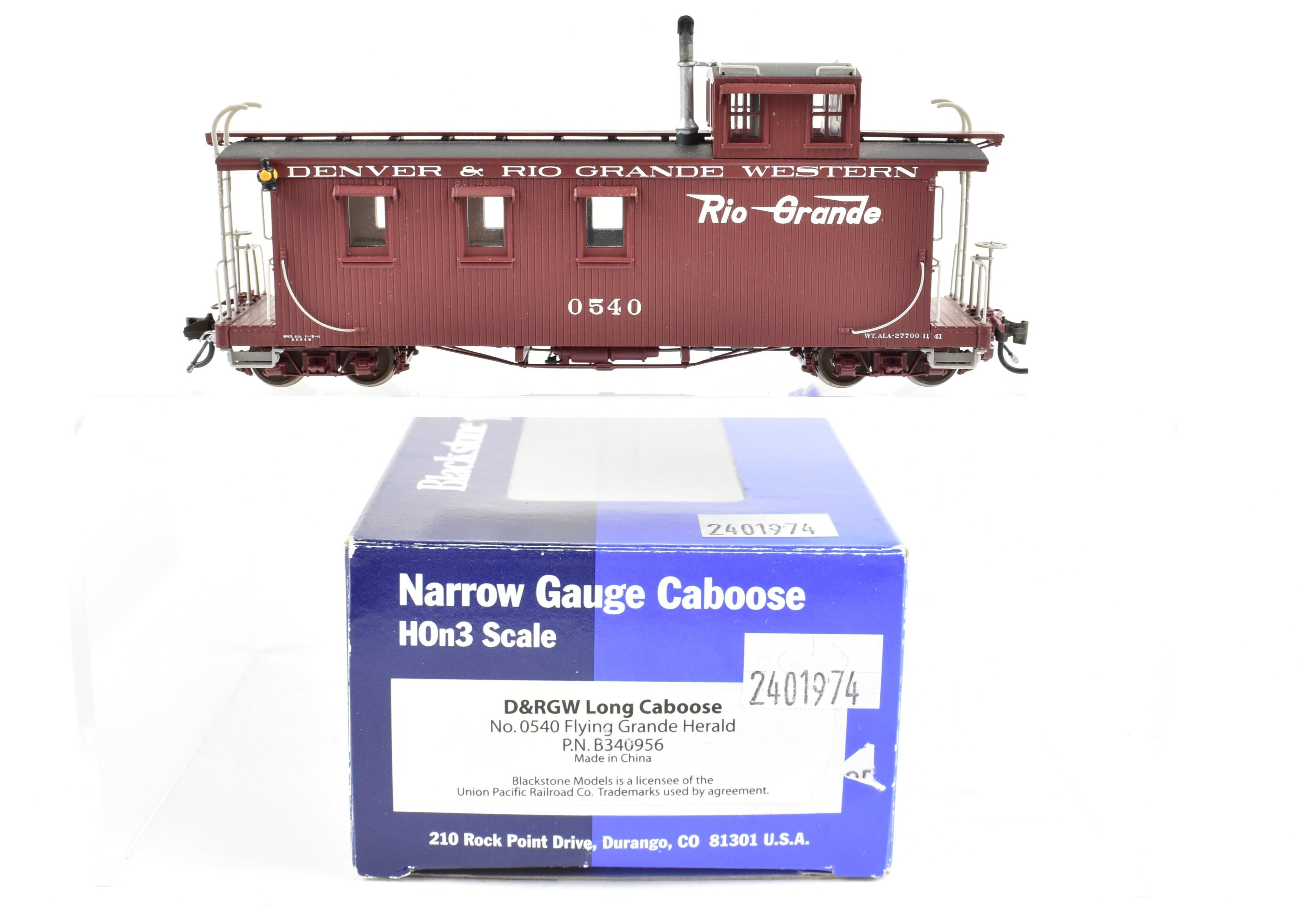 HOn3 Scale Plastic Model - Blackstone Models' Denver & Rio Grande Western Long Caboose, Factory Painted in Rio Grande Flying Herald, No. 0540