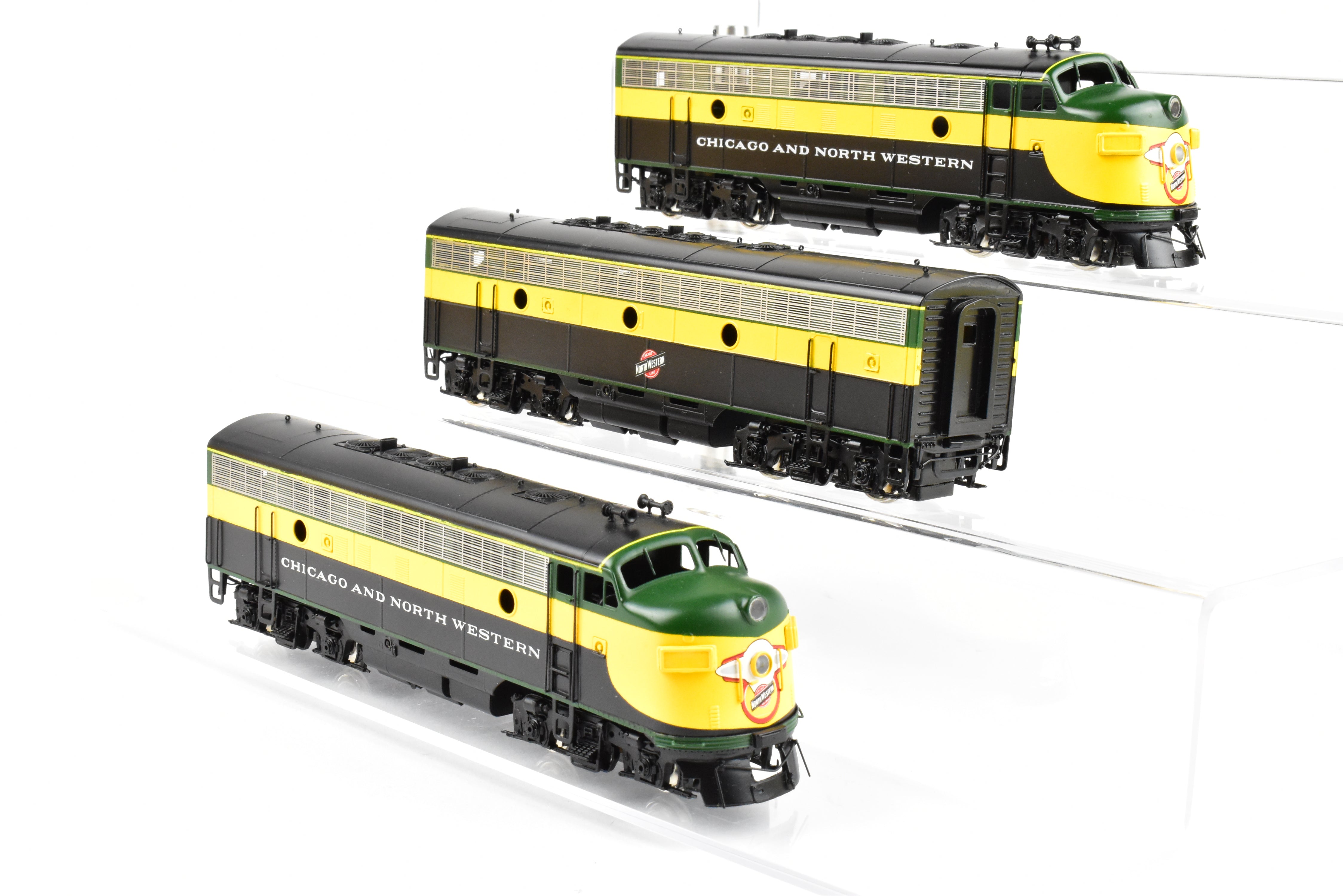 High - Quality HO Scale Brass Model Train Set - Chicago and Northwestern EMD F7A/F7B/F7A Phase I 1500 HP 3 - Unit Set in Freight Scheme by Oriental Limited