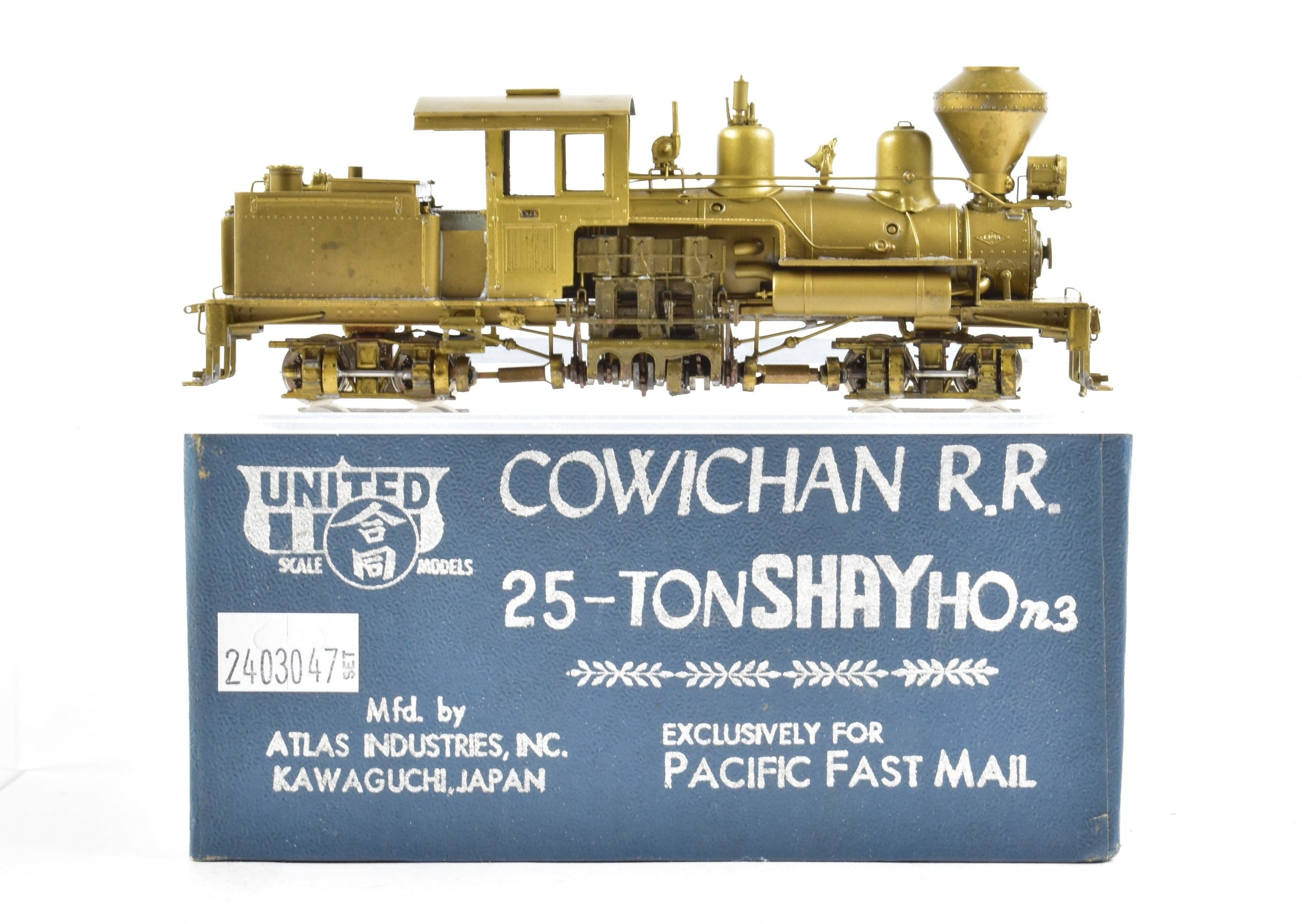 HOn3 Scale Brass Model Train - Pacific Fast Mail (PFM) - United Cowichan Railroad 25 - ton Shay Locomotive