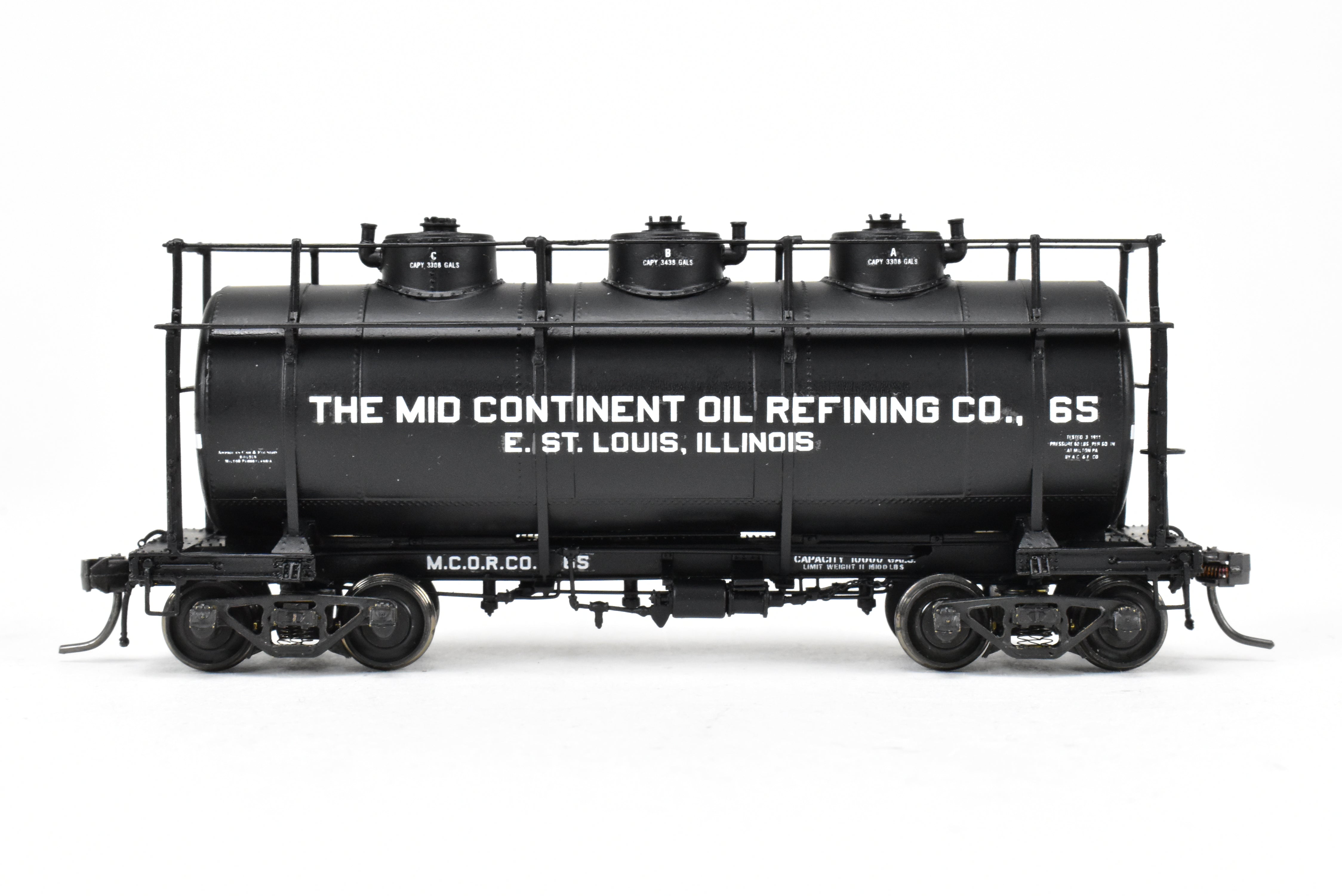 HO Scale Brass Model Train W&R Enterprises Various Roads AC&F 10,000 Gallon 3-Dome Tank Car Featuring High Walkway and Custom Paint by The Mid Continent Oil Refining Co.
