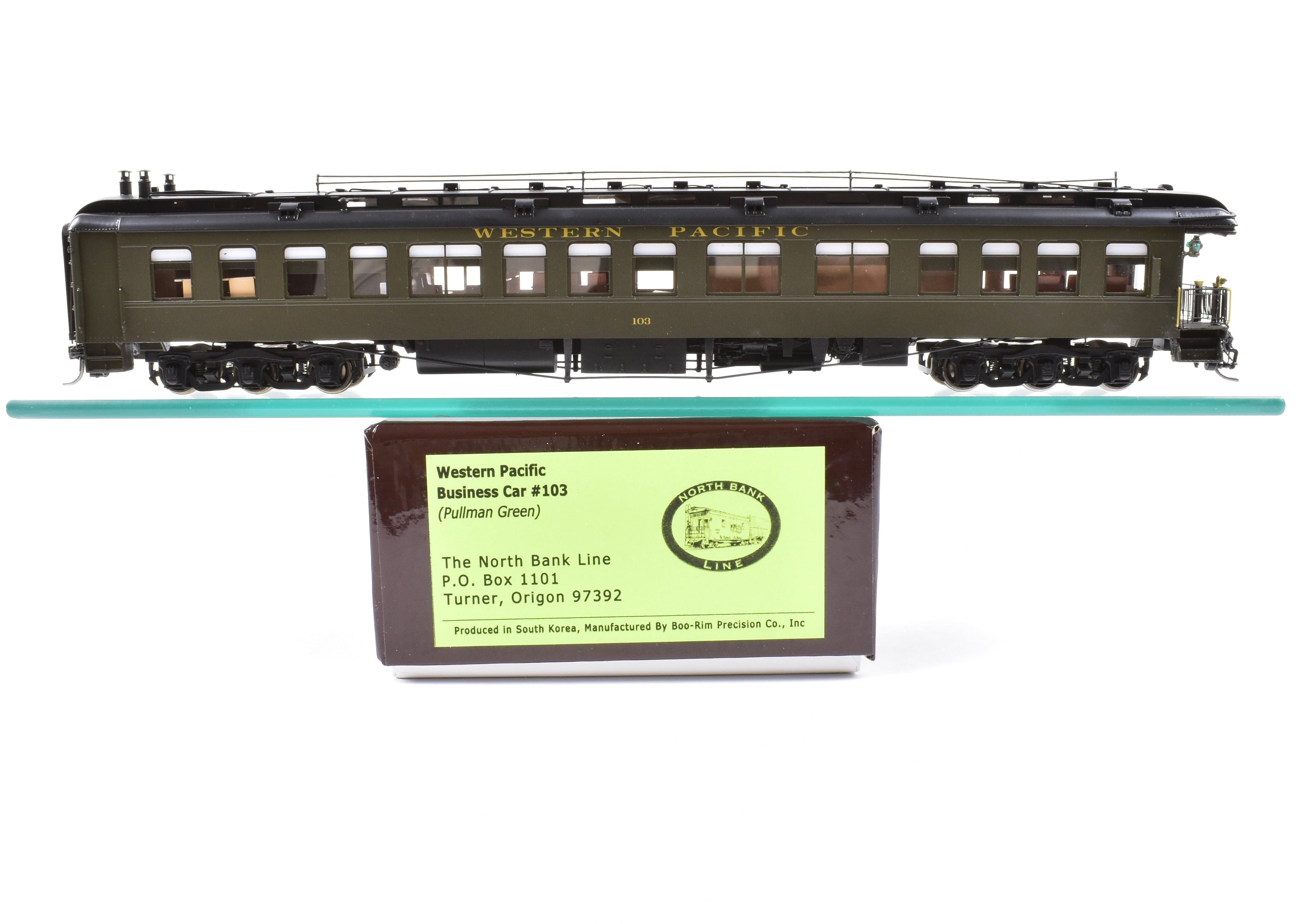 High - Quality HO Scale New Brass Model of North Bank Line Western Pacific Business Car #103 in Pullman Green