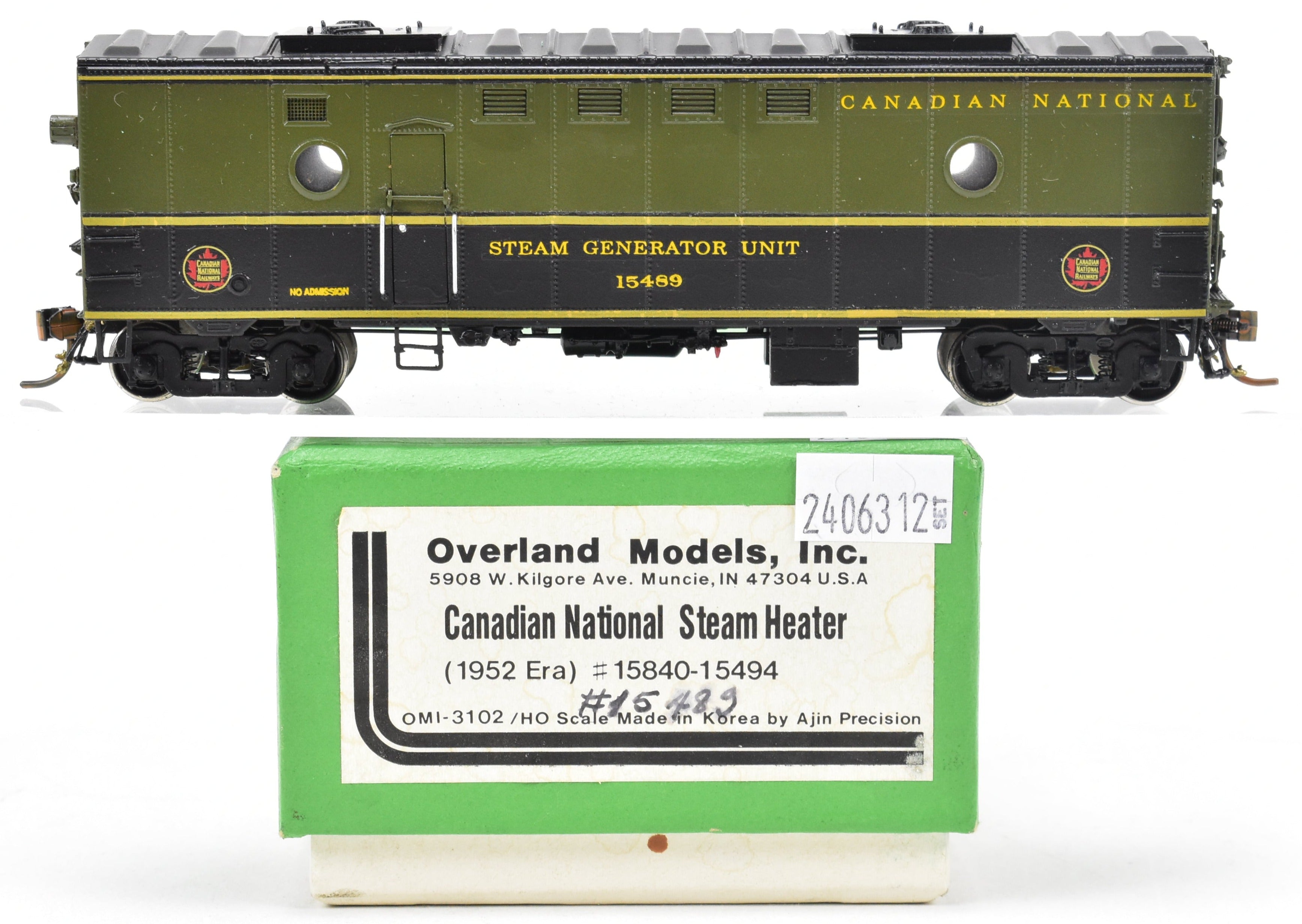 HO Scale Brass Steam Heater Car Model - Custom Painted for Canadian National Railway (CNR) by Overland Models, Inc., Numbered 15489