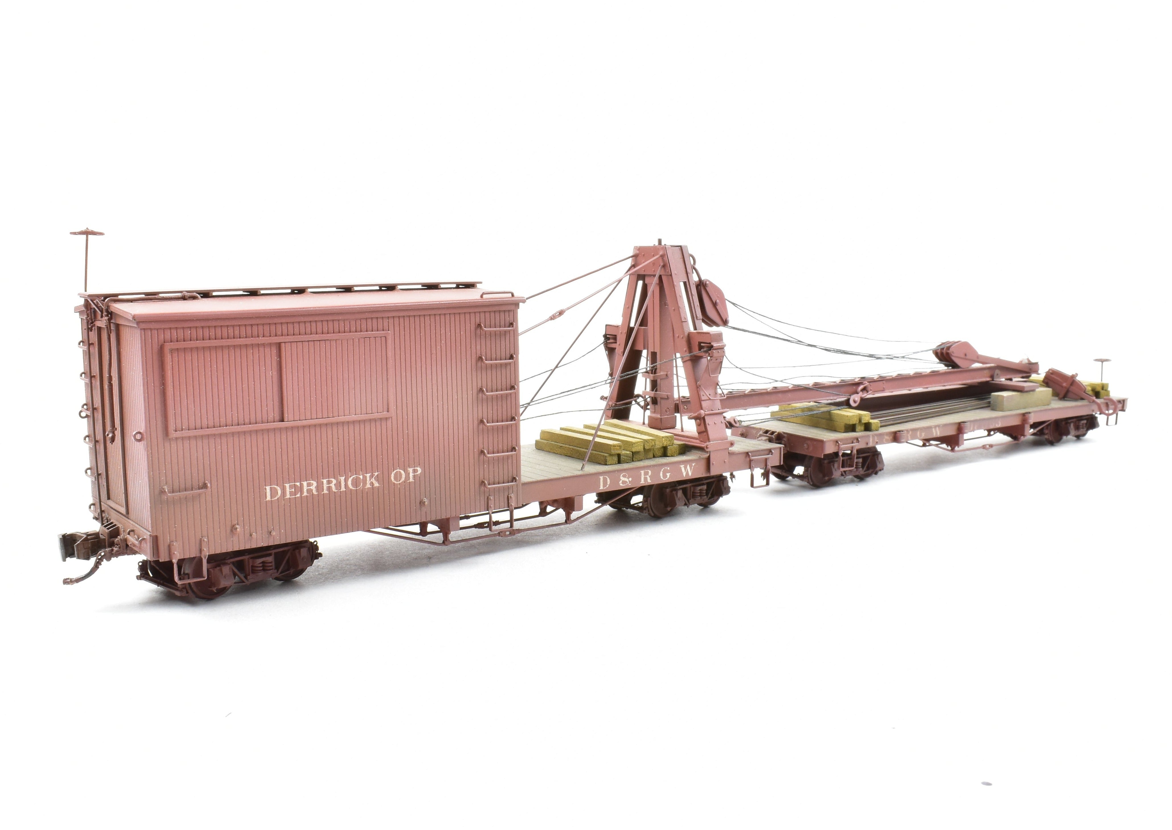 Custom Painted On3 Brass Model of D&RGW - Denver & Rio Grande Western Derrick OP with Idler Car by Westside Model Co.