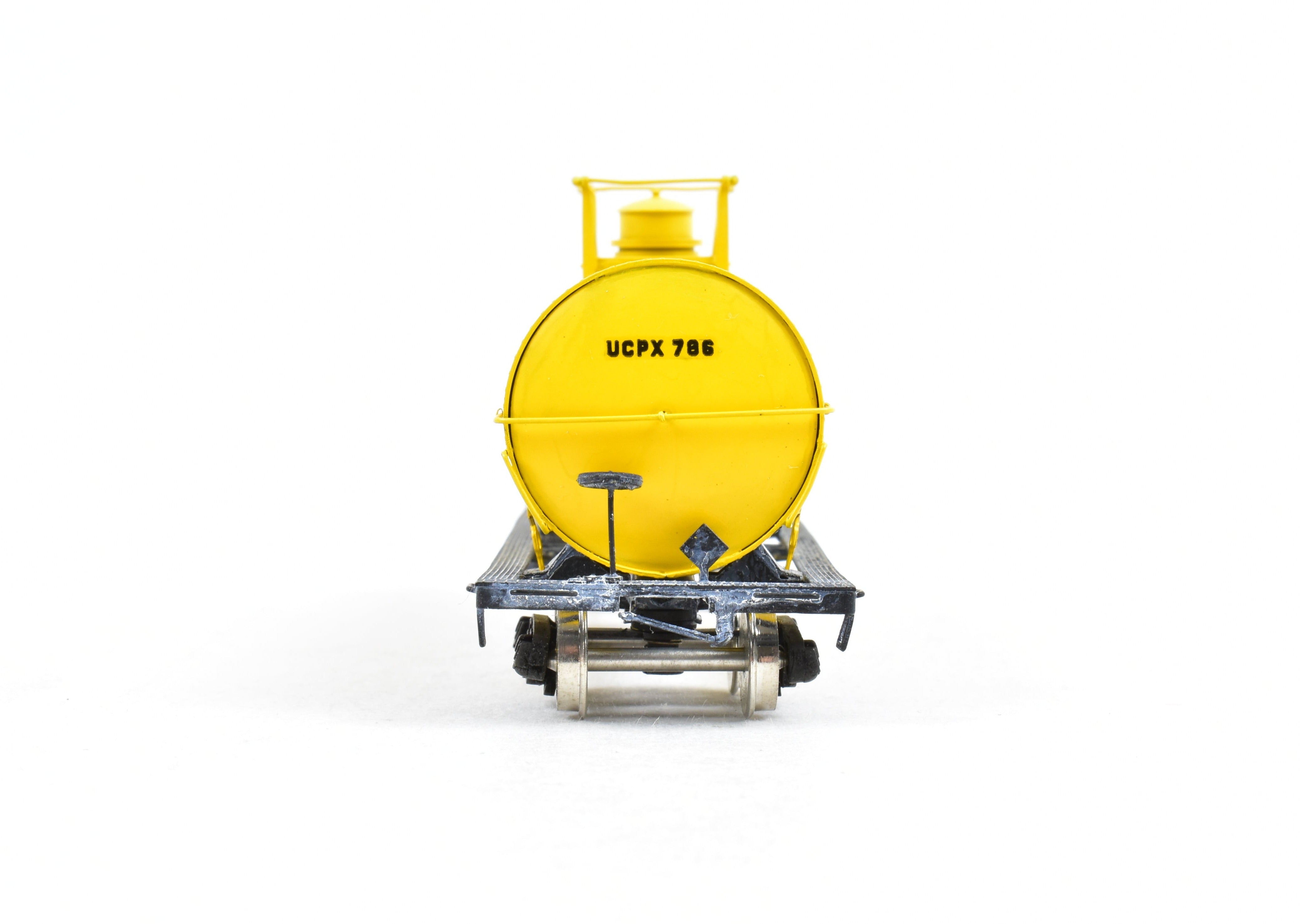 HO Scale Brass Precision Scale Co. (PSC) 12,000 Gallon Tank Car Factory-Painted in Yellow for Union Carbide, Various Roads Model