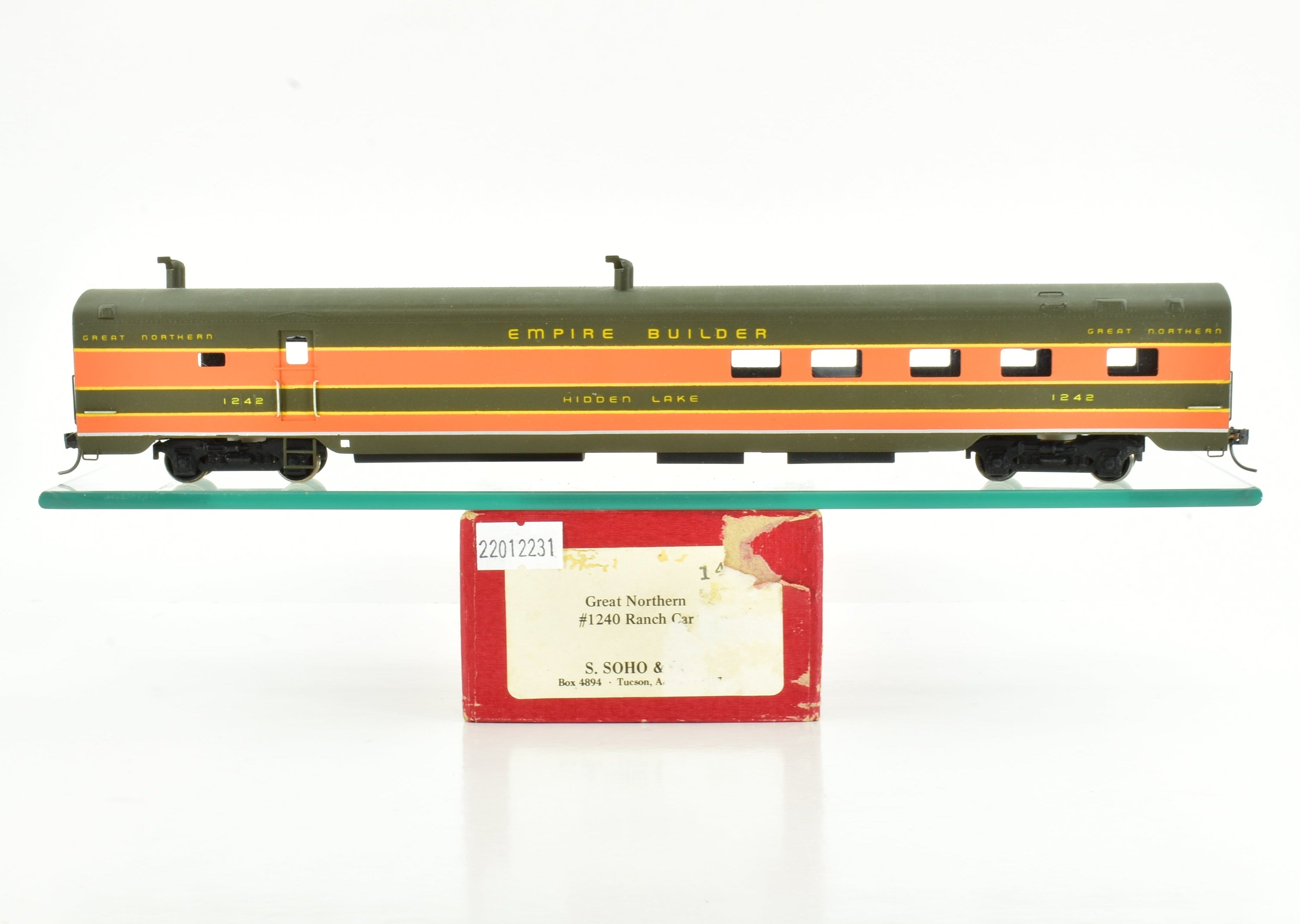 HO Scale Custom Painted Brass Ranch Car Model by S. Soho & Co., Great Northern #1240, Empire Builder No. 1242 'Hidden Lake'