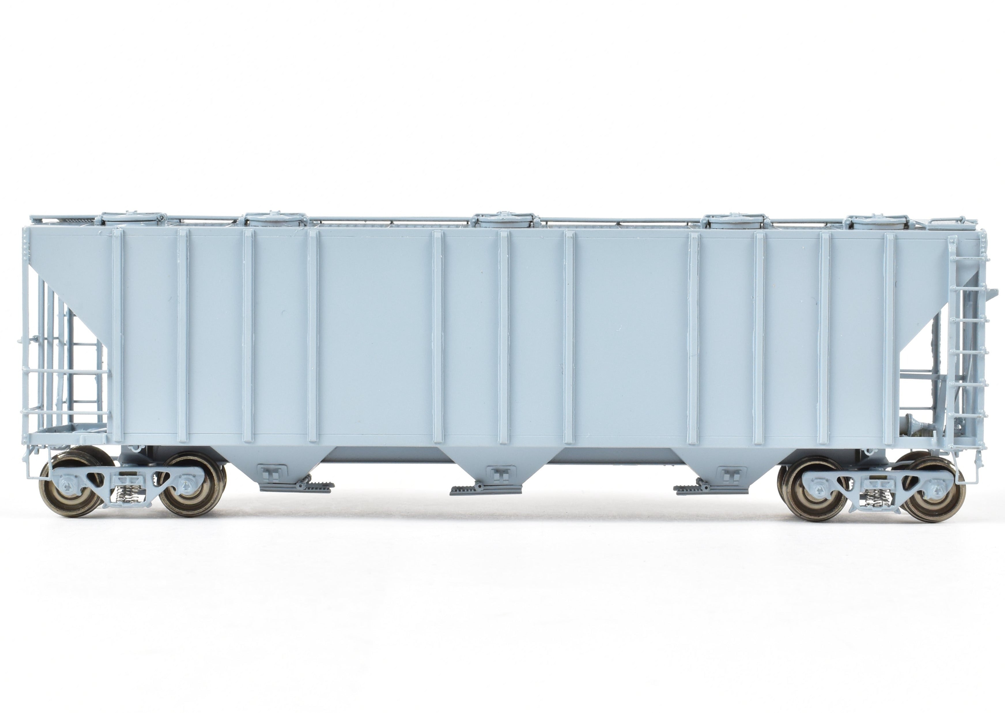 HO Scale Brass PS - 2 Central Discharge Covered Hopper Car Model by Overland Models, Inc. (OMI) in Various Roads, Factory - Painted Scalecoat #20 Grey and Unlettered