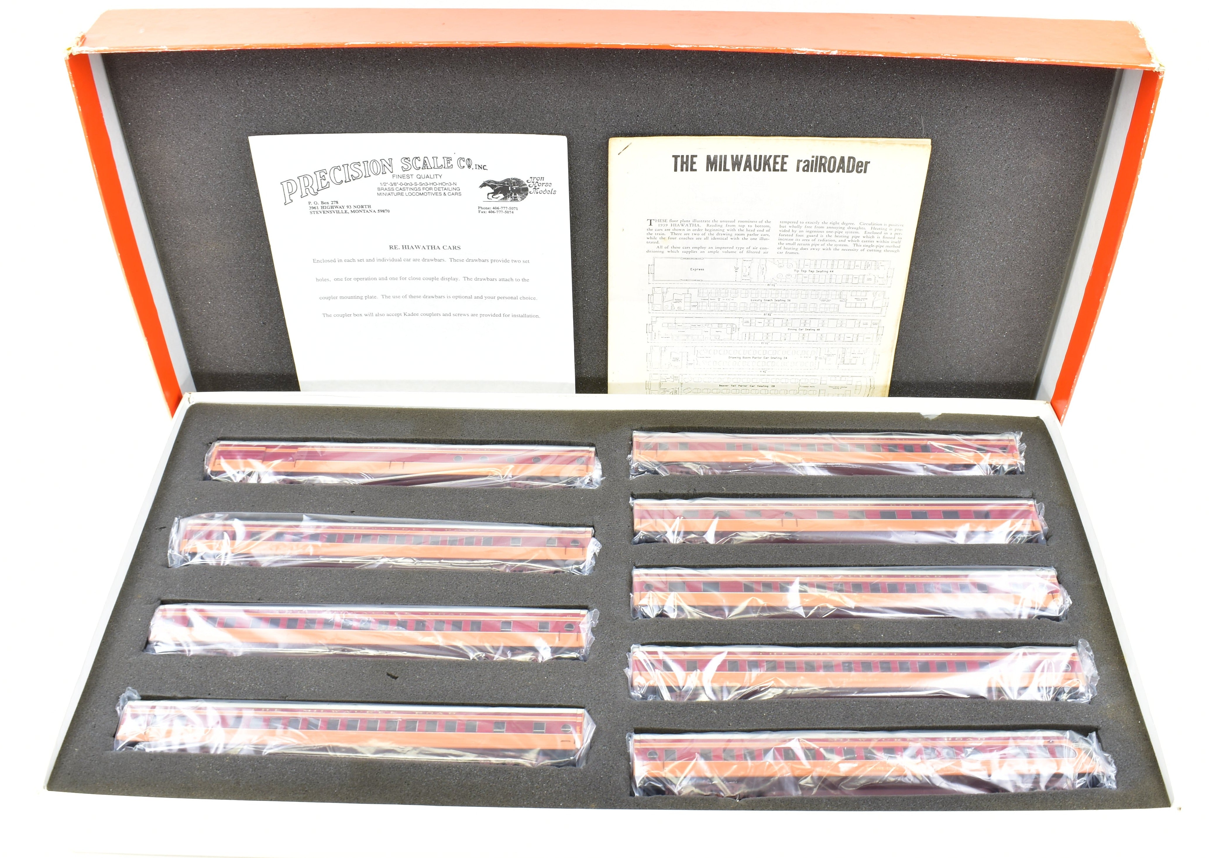 HO Scale Brass Model Train Set - Precision Scale Co. Milwaukee Road 1939 Hiawatha 9 - Car Factory - Painted Set